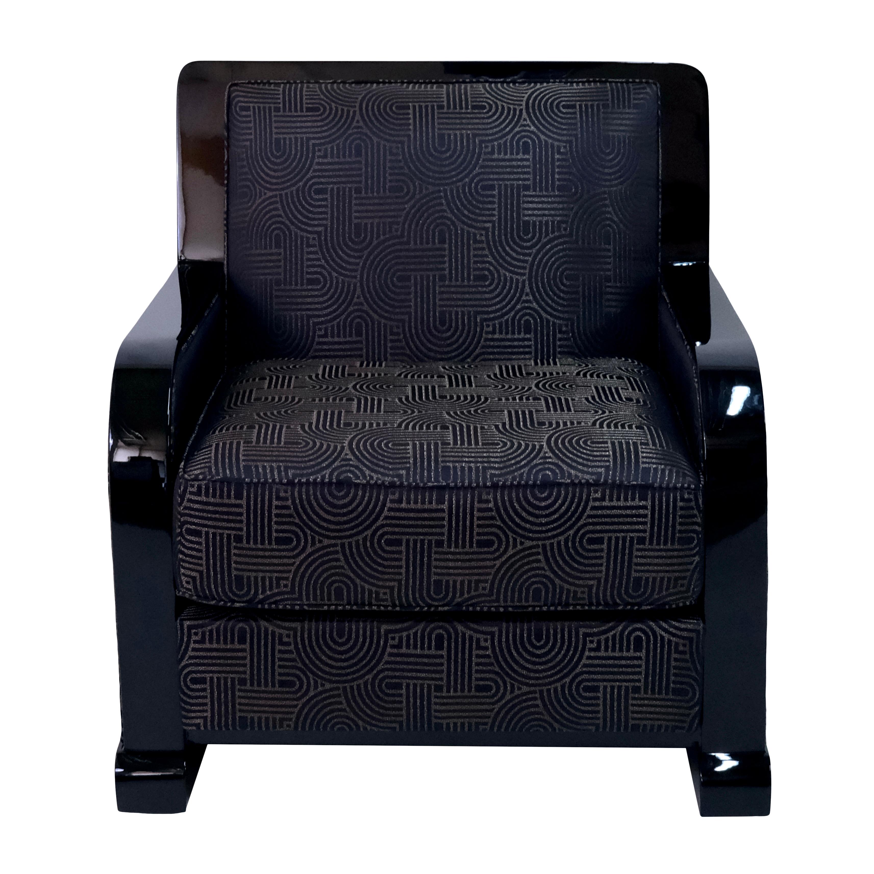 Art déco Ensemble de 2 fauteuils club Art Déco français en laque noire avec motif Art Déco