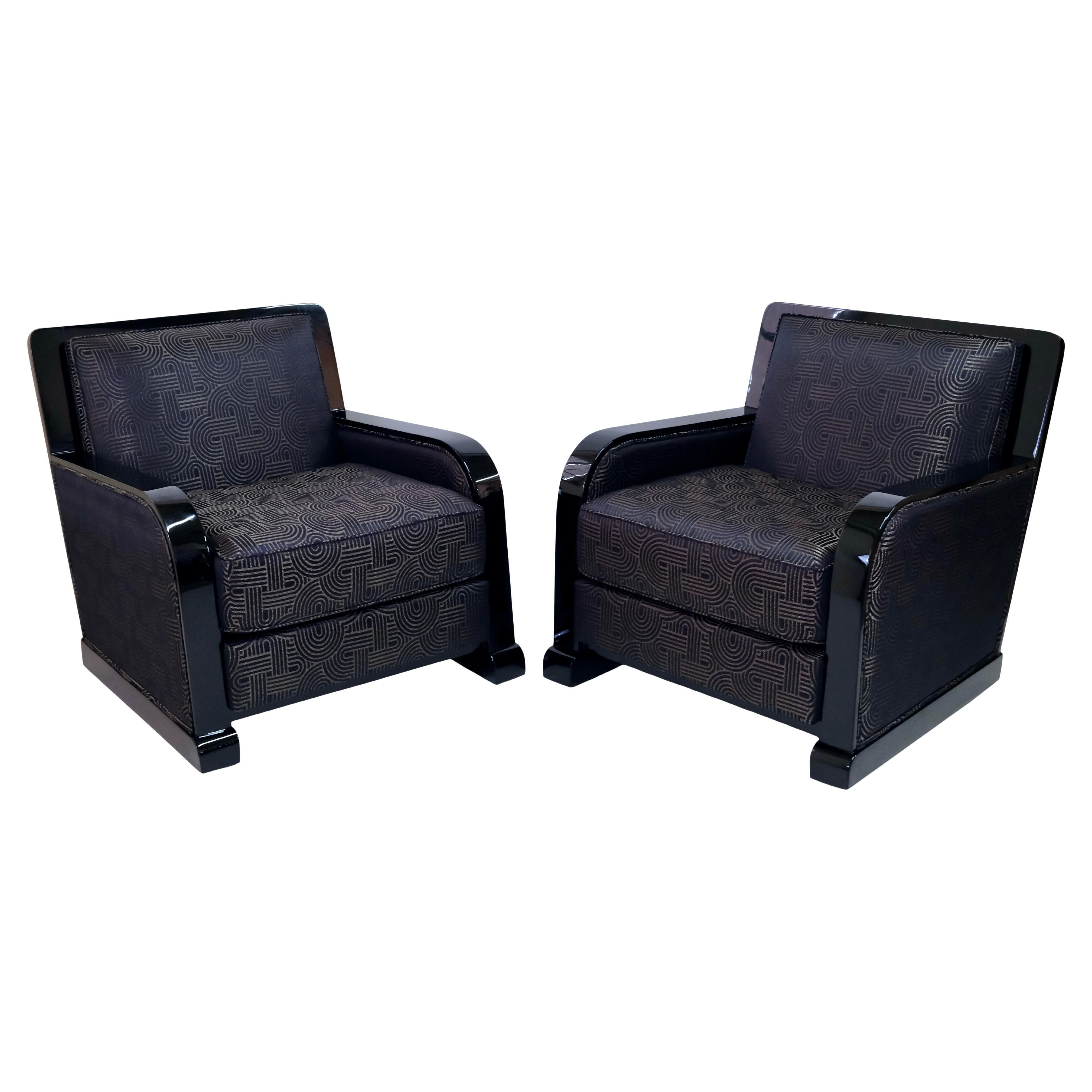 Set of 2 French Art Deco Club Chairs in Black Lacquer with Art Deco Pattern