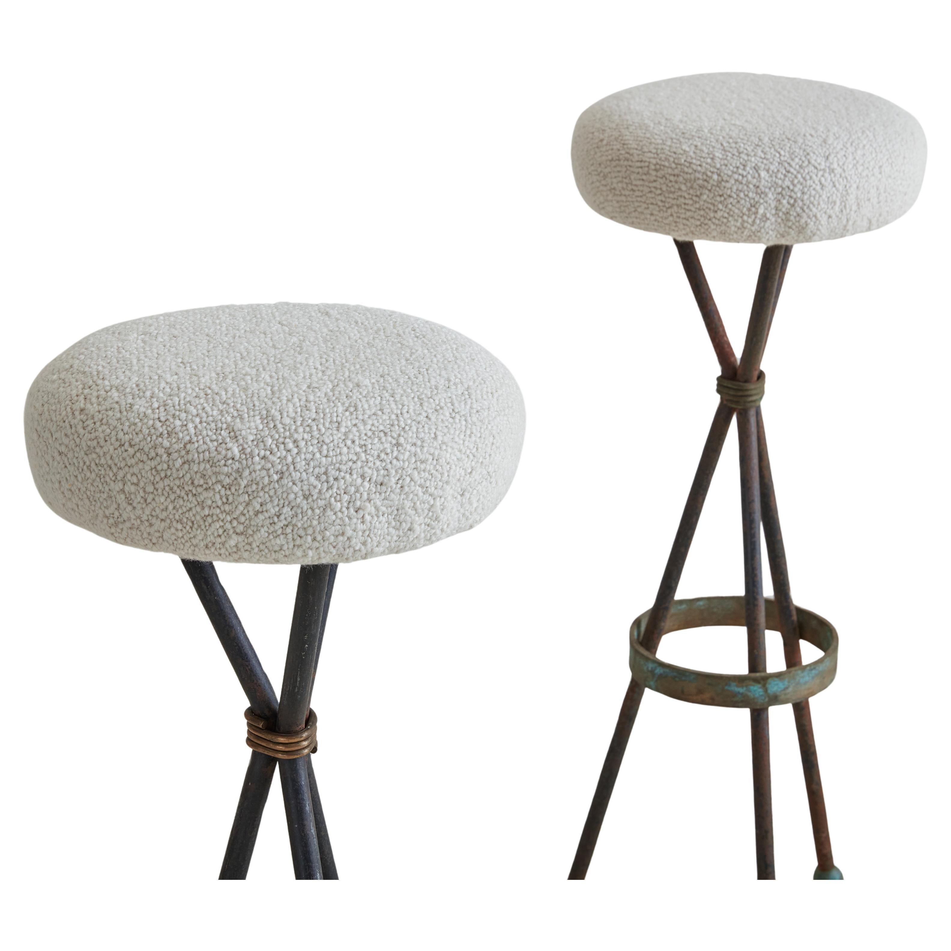 Set of 2 French Bistro Bar Stools in Iron, Brass and Boucle