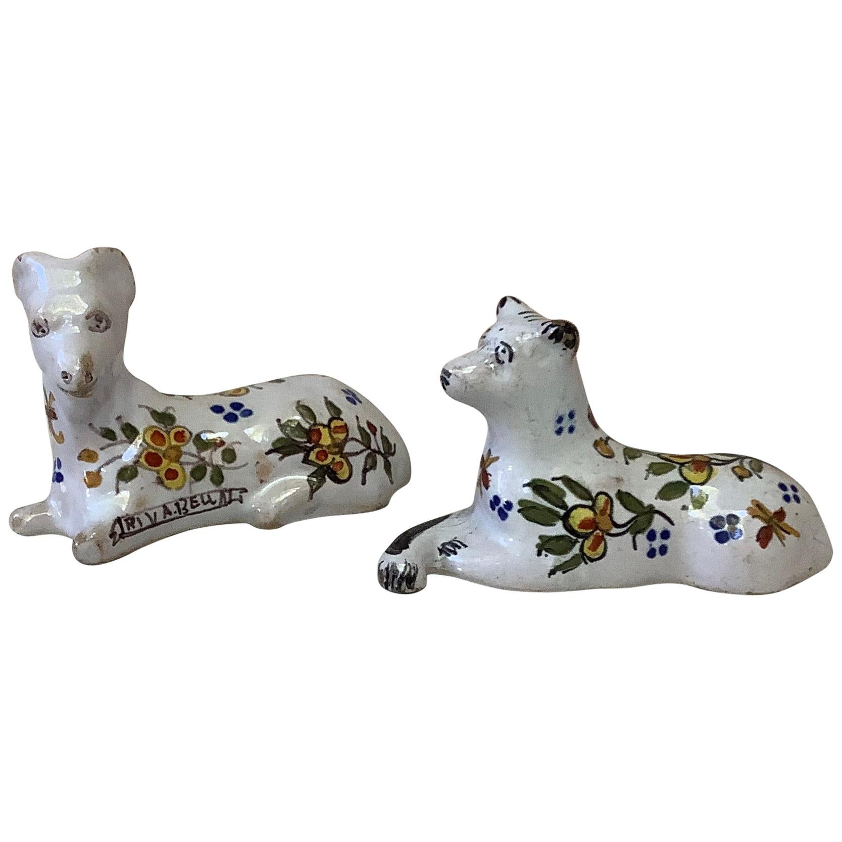Set of 2 French Faience Dog and Ram Knife Rests Desvres, circa 1890