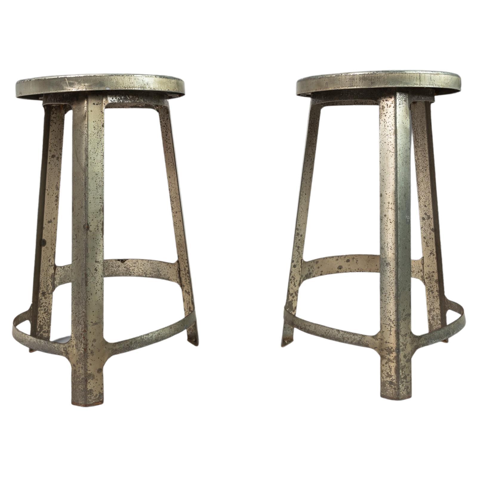 Set of 2 French Hammered Solid Aluminum Industrial Counter Height Bar Stools 70s For Sale