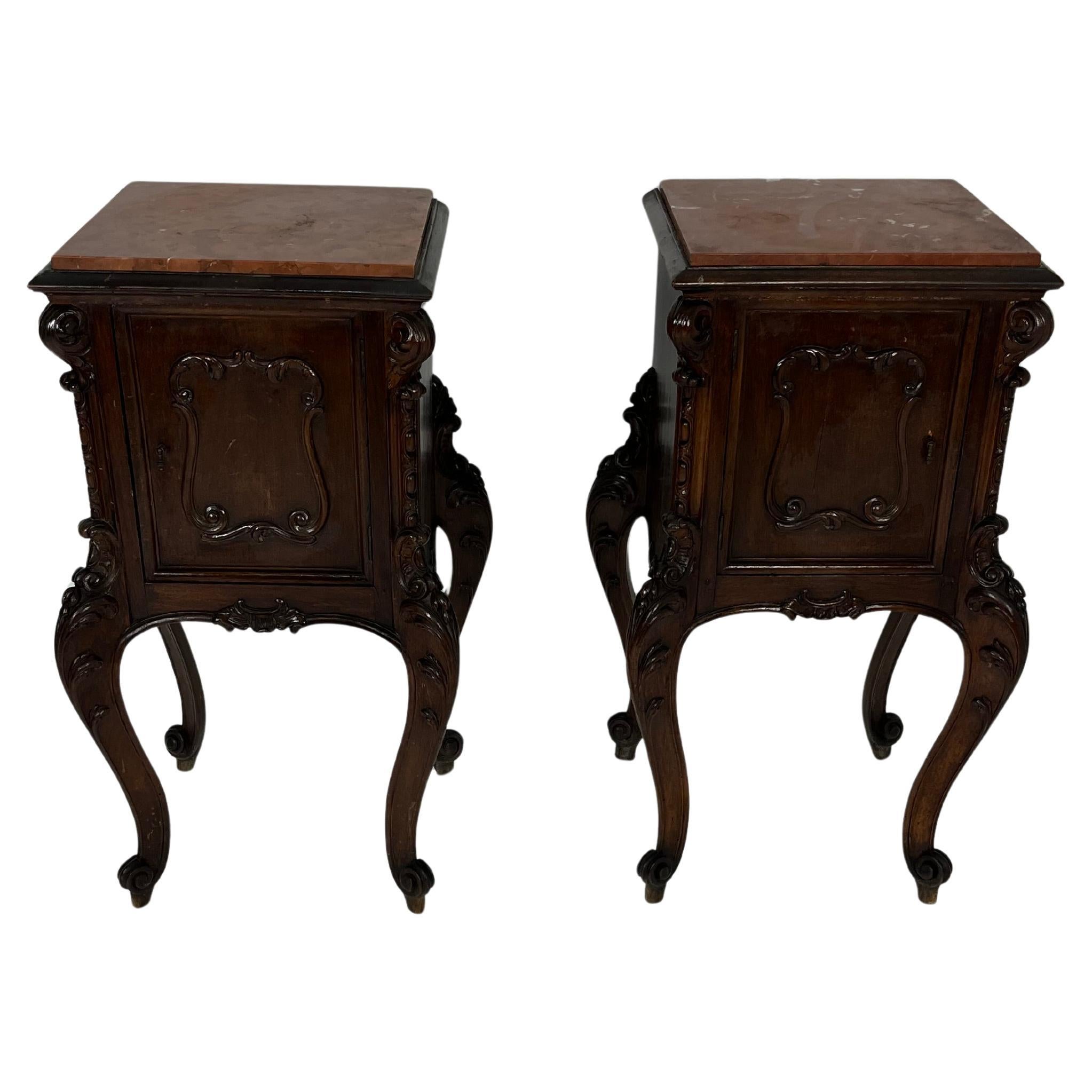 Set of 2 French Louis XV Night Stands, Marble Top, 1930s