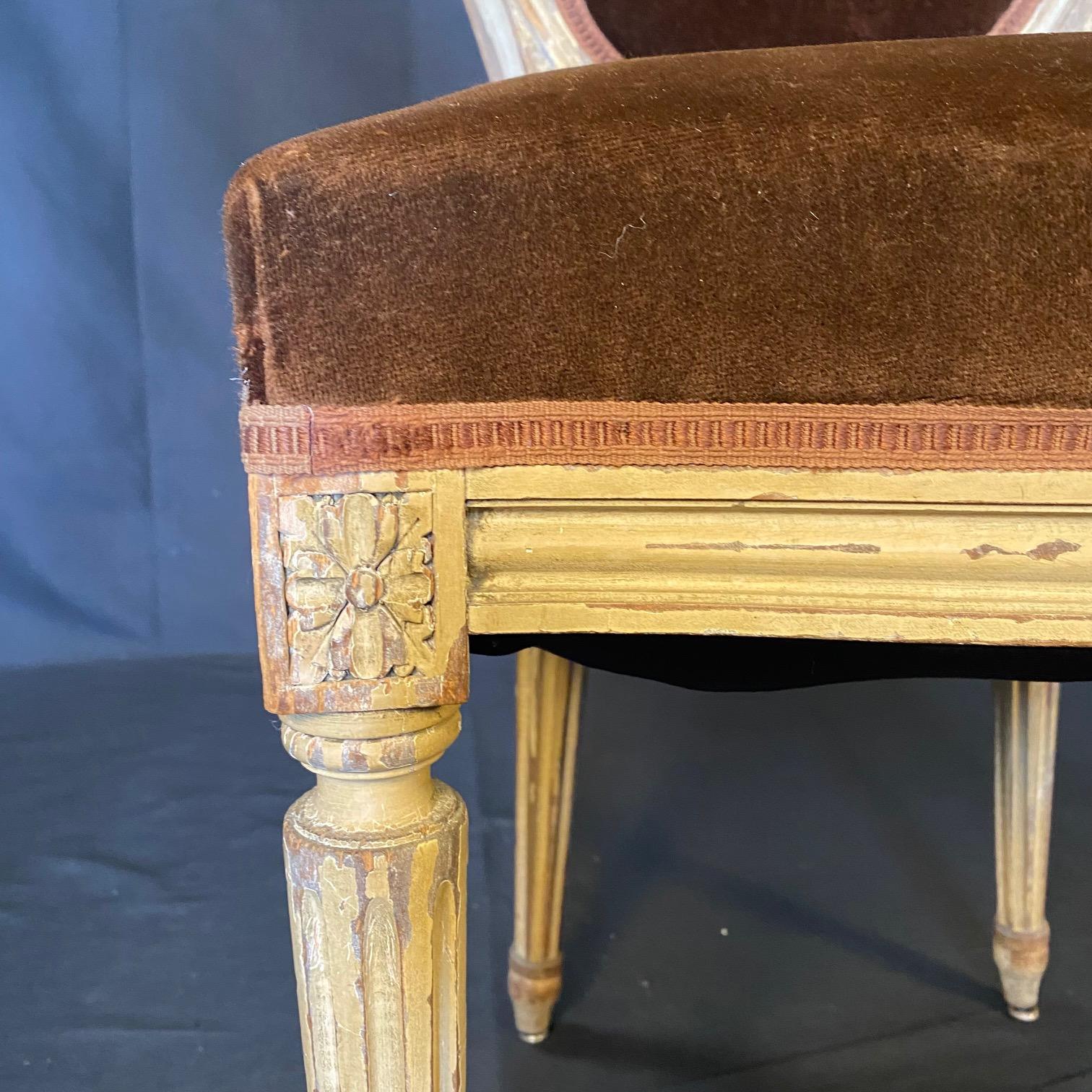 Set of 2 French Louis XVI Oval Back Carved Wood Mohair Upholstered Dining Chairs 6