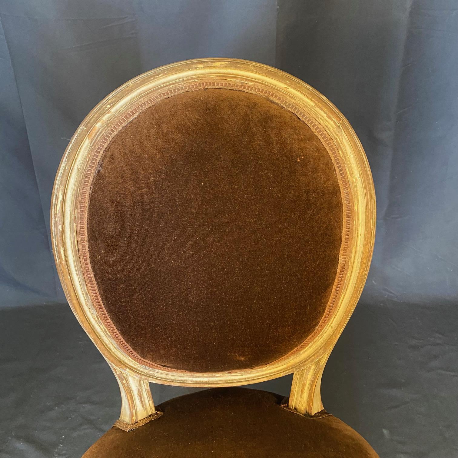 Set of 2 French Louis XVI Oval Back Carved Wood Mohair Upholstered Dining Chairs 7