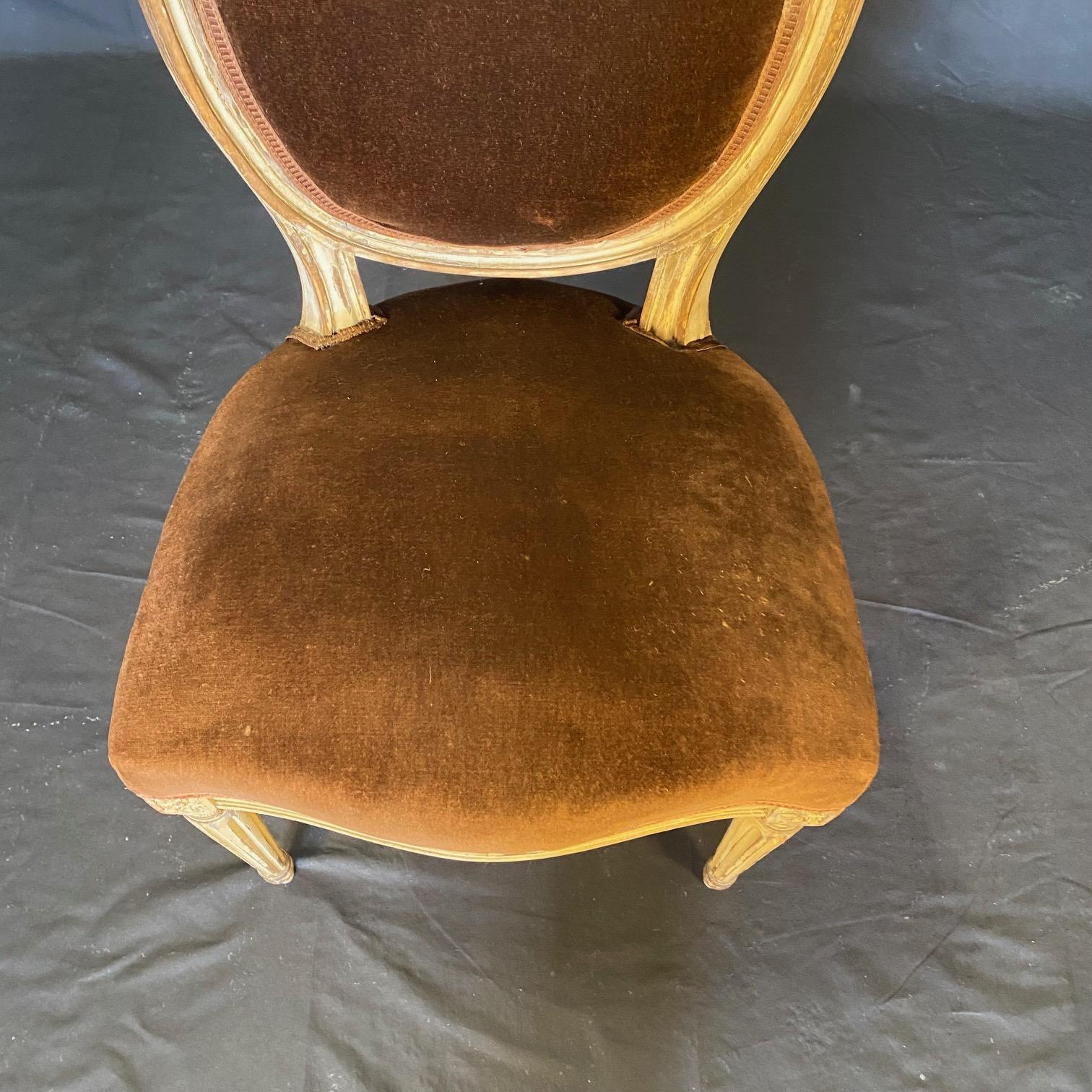 Set of 2 French Louis XVI Oval Back Carved Wood Mohair Upholstered Dining Chairs 8