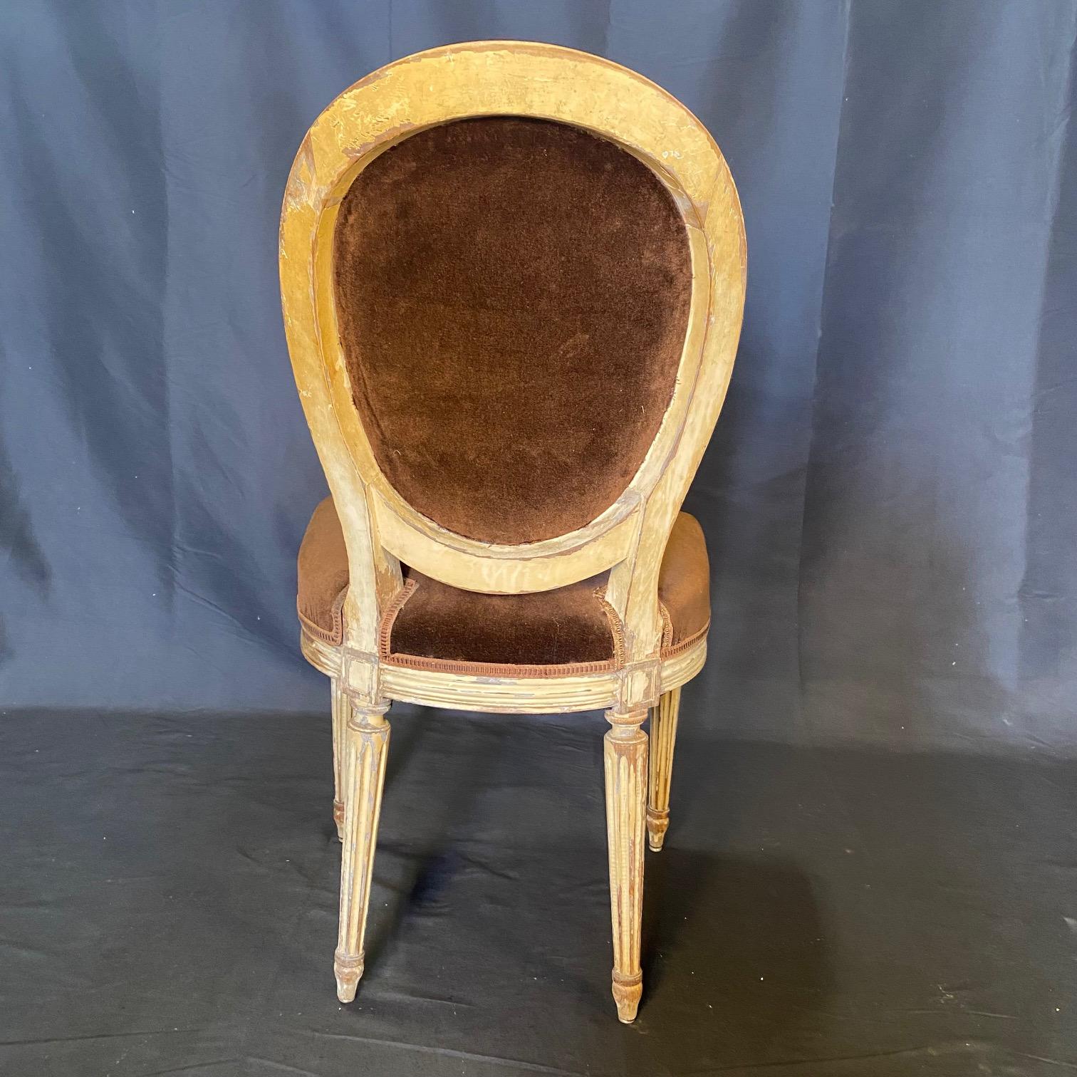 Set of 2 French Louis XVI Oval Back Carved Wood Mohair Upholstered Dining Chairs In Good Condition In Hopewell, NJ