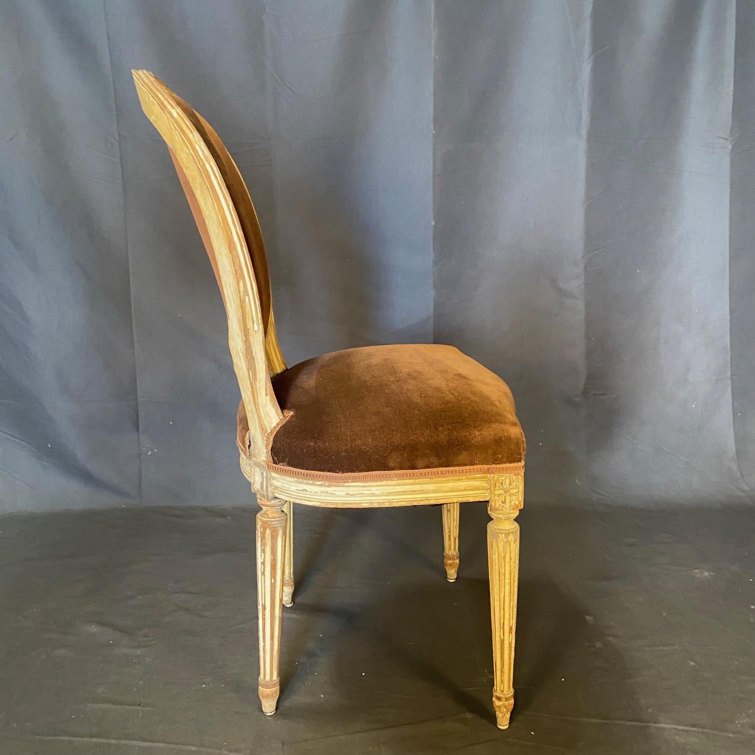 19th Century Set of 2 French Louis XVI Oval Back Carved Wood Mohair Upholstered Dining Chairs
