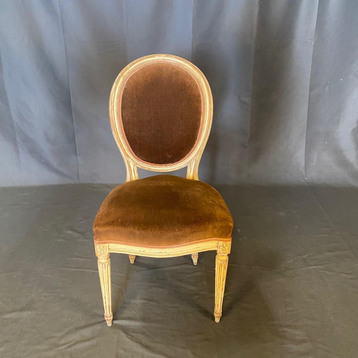 Set of 2 French Louis XVI Oval Back Carved Wood Mohair Upholstered Dining Chairs 3