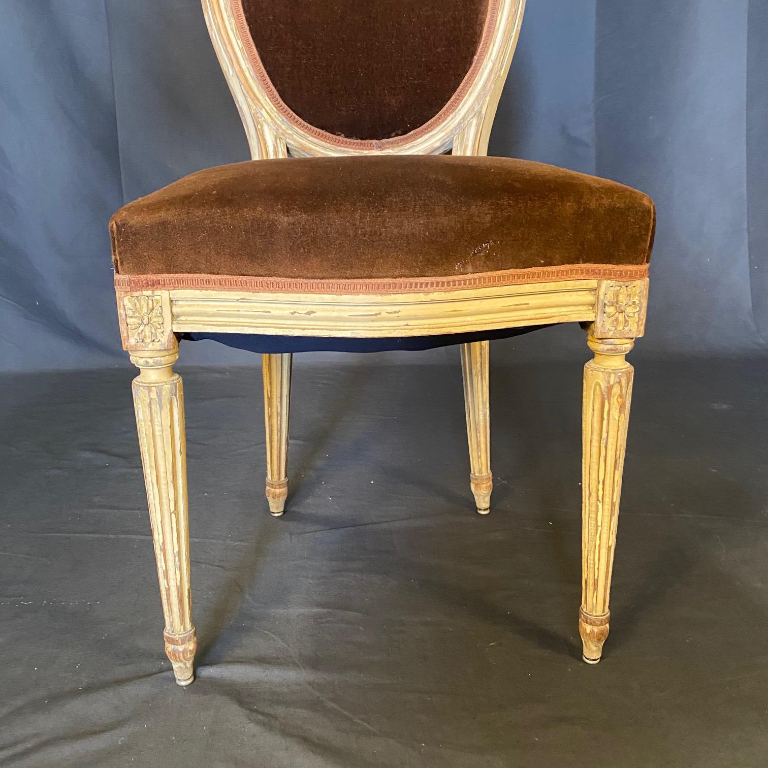 Set of 2 French Louis XVI Oval Back Carved Wood Mohair Upholstered Dining Chairs 5