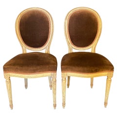 Set of 2 French Louis XVI Oval Back Carved Wood Mohair Upholstered Dining Chairs
