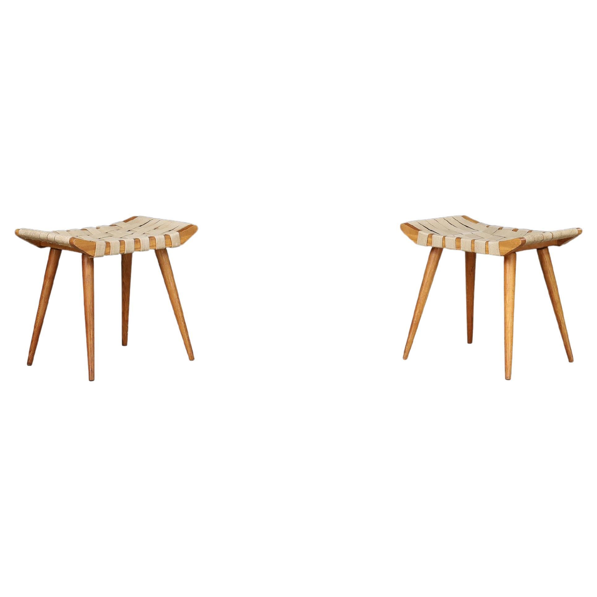 Set of 2 French Mid-Century Ash Stools with Original Canvas Webbing, 1950s