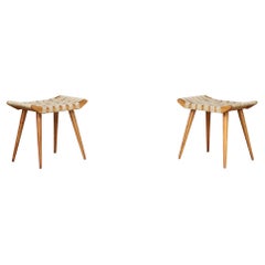 Set of 2 French Mid-Century Ash Stools with Original Canvas Webbing, 1950s