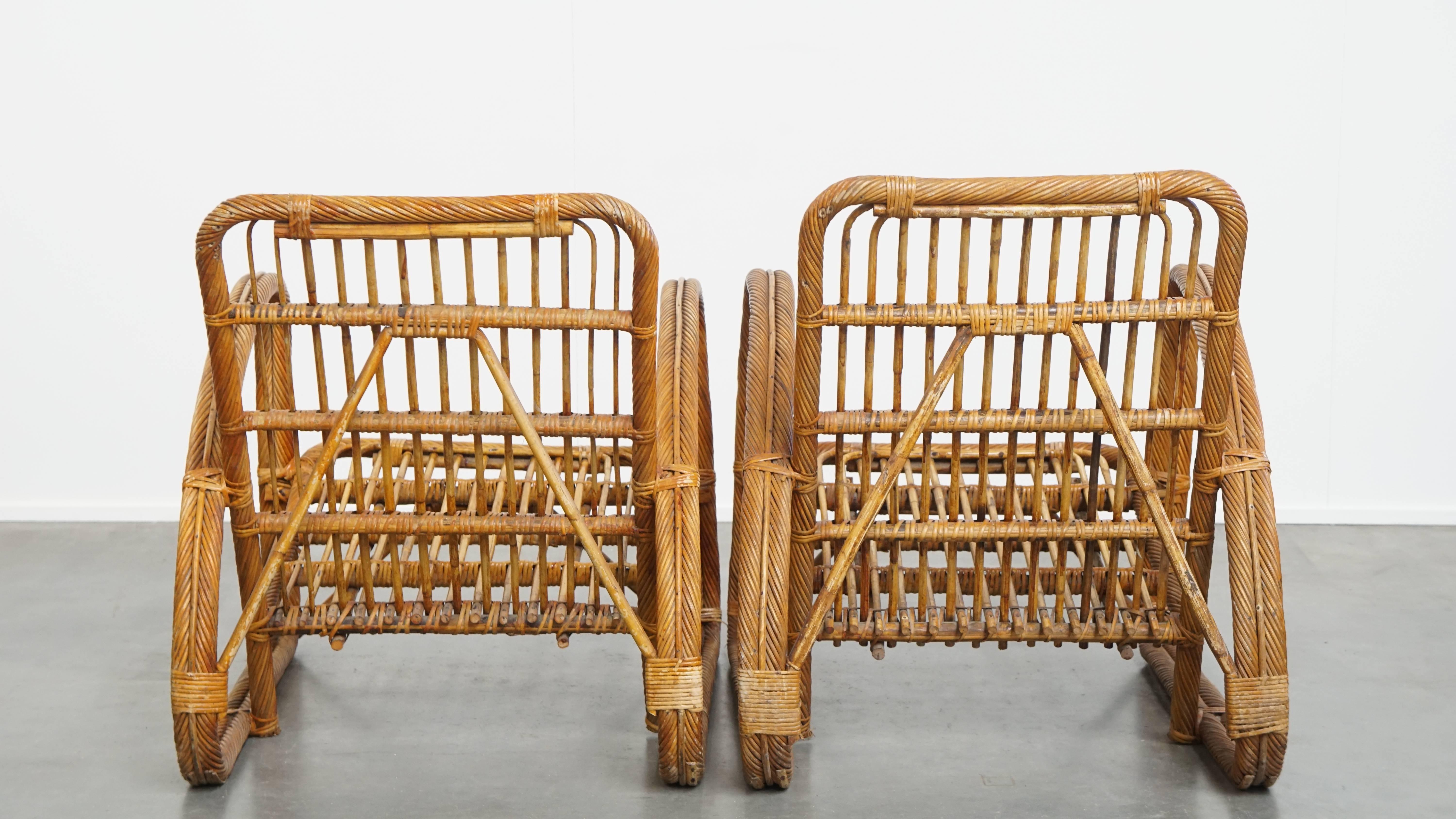 Classical Roman Set of 2 French Rattan Vintage Design Armchairs from the 1950s For Sale