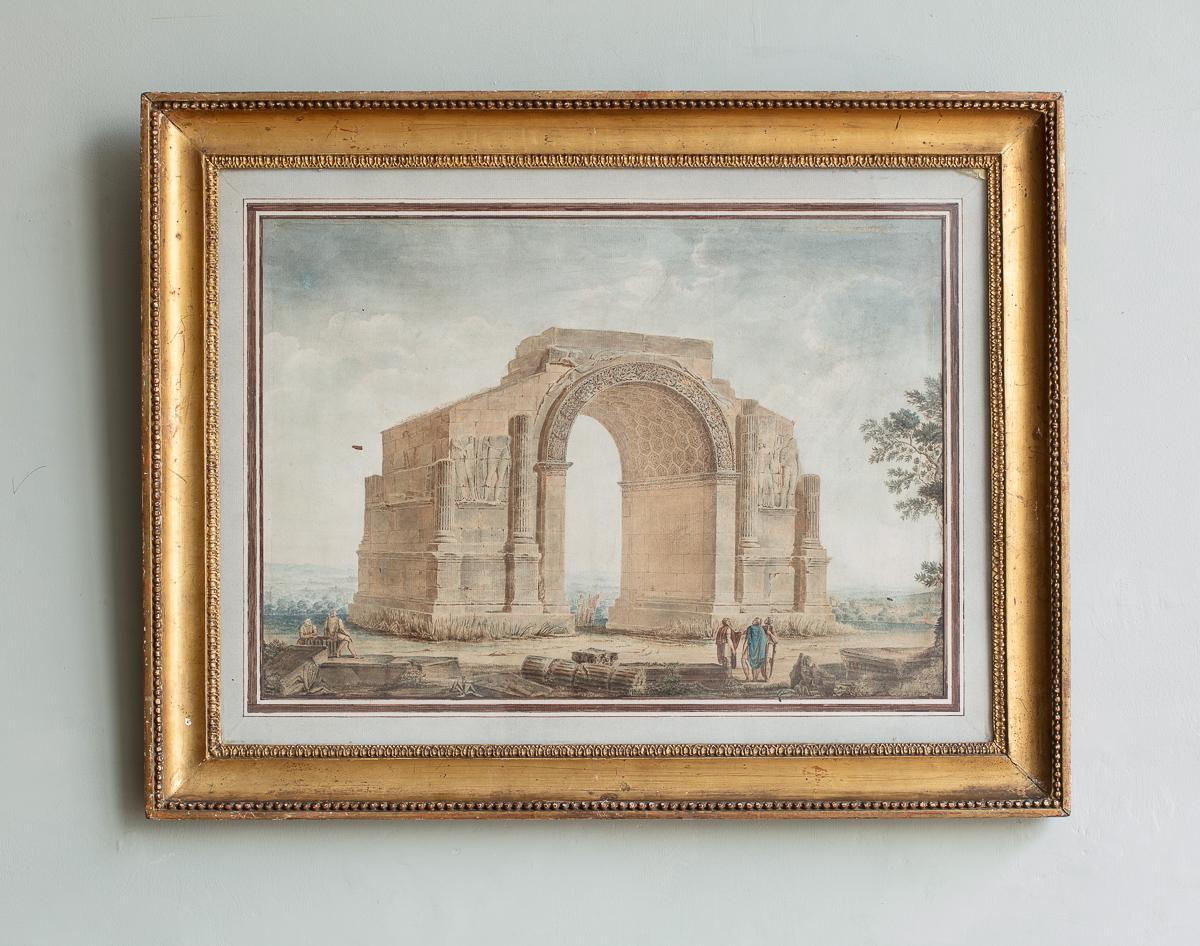 Dos acuarelas de la Escuela Francesa del siglo XIX, del Arco de Triunfo de Glanum

Representa a dos grupos de visitantes contemporáneos (romanos y, probablemente, del siglo XIX) del Arco de Triunfo de Glanum, una mitad de los famosos monumentos