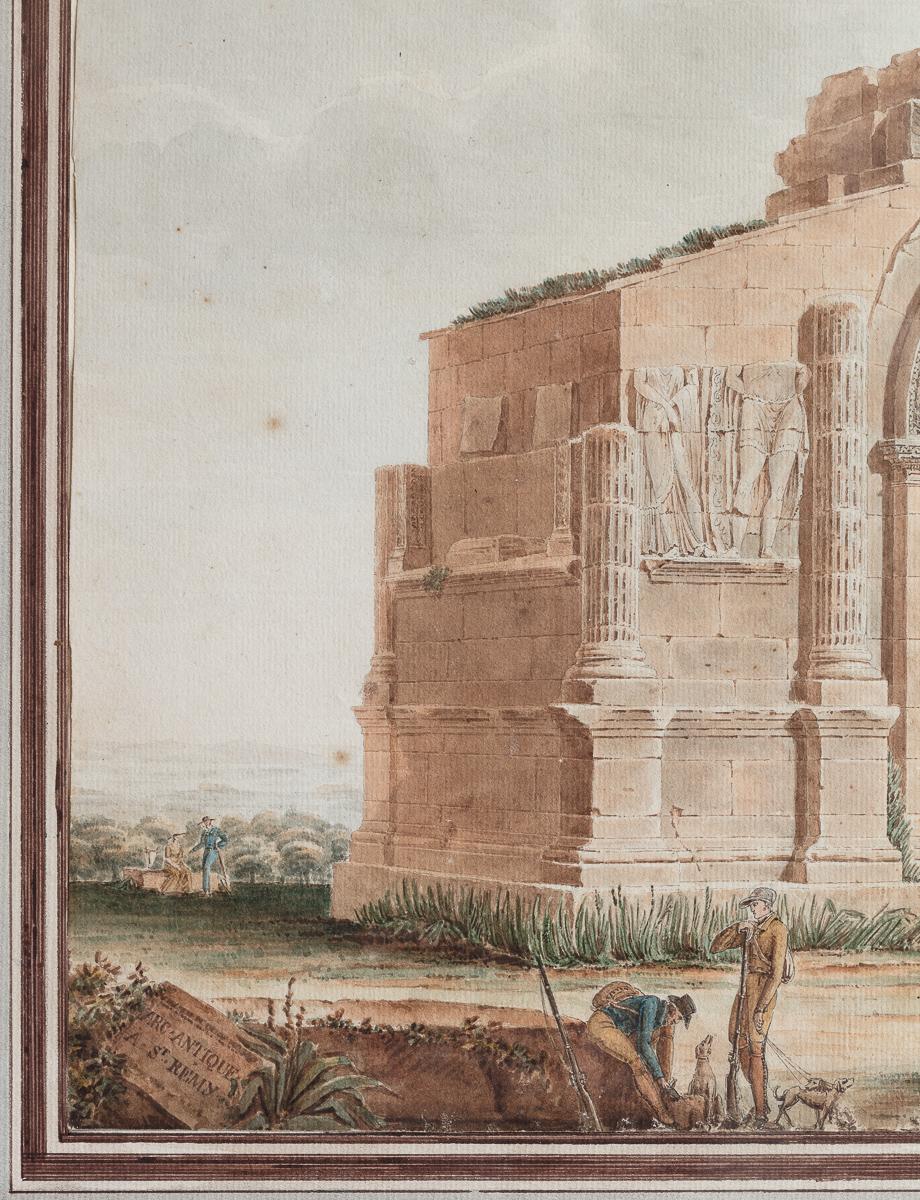 Conjunto de 2 Acuarelas de la Escuela Francesa Pintura, del Arco de Triunfo en Glanum siglo XIX en venta