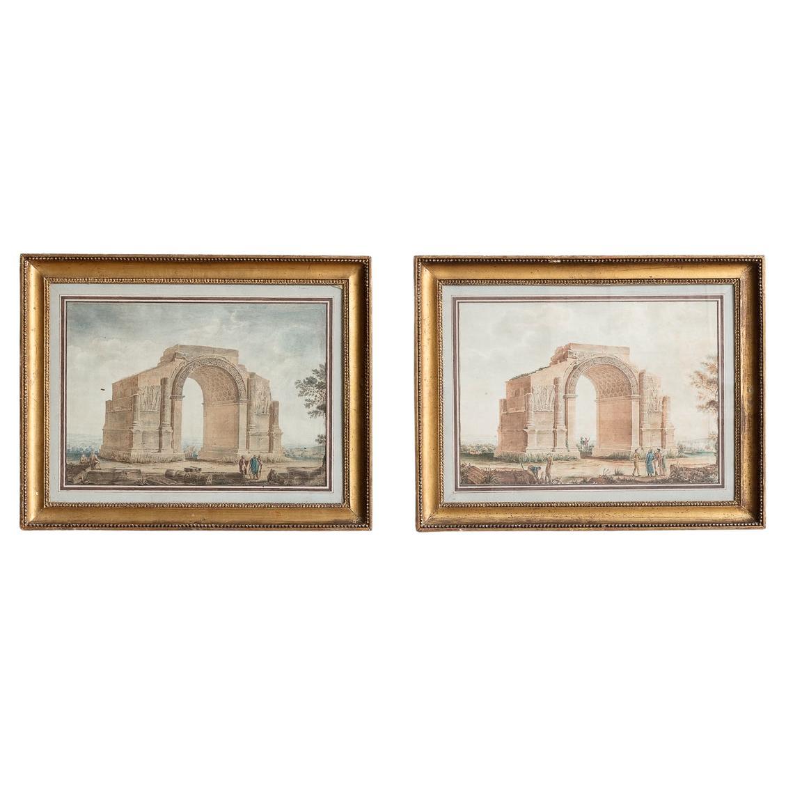 Set di 2 acquerelli di scuola francese raffiguranti l'Arco di Trionfo a Glanum