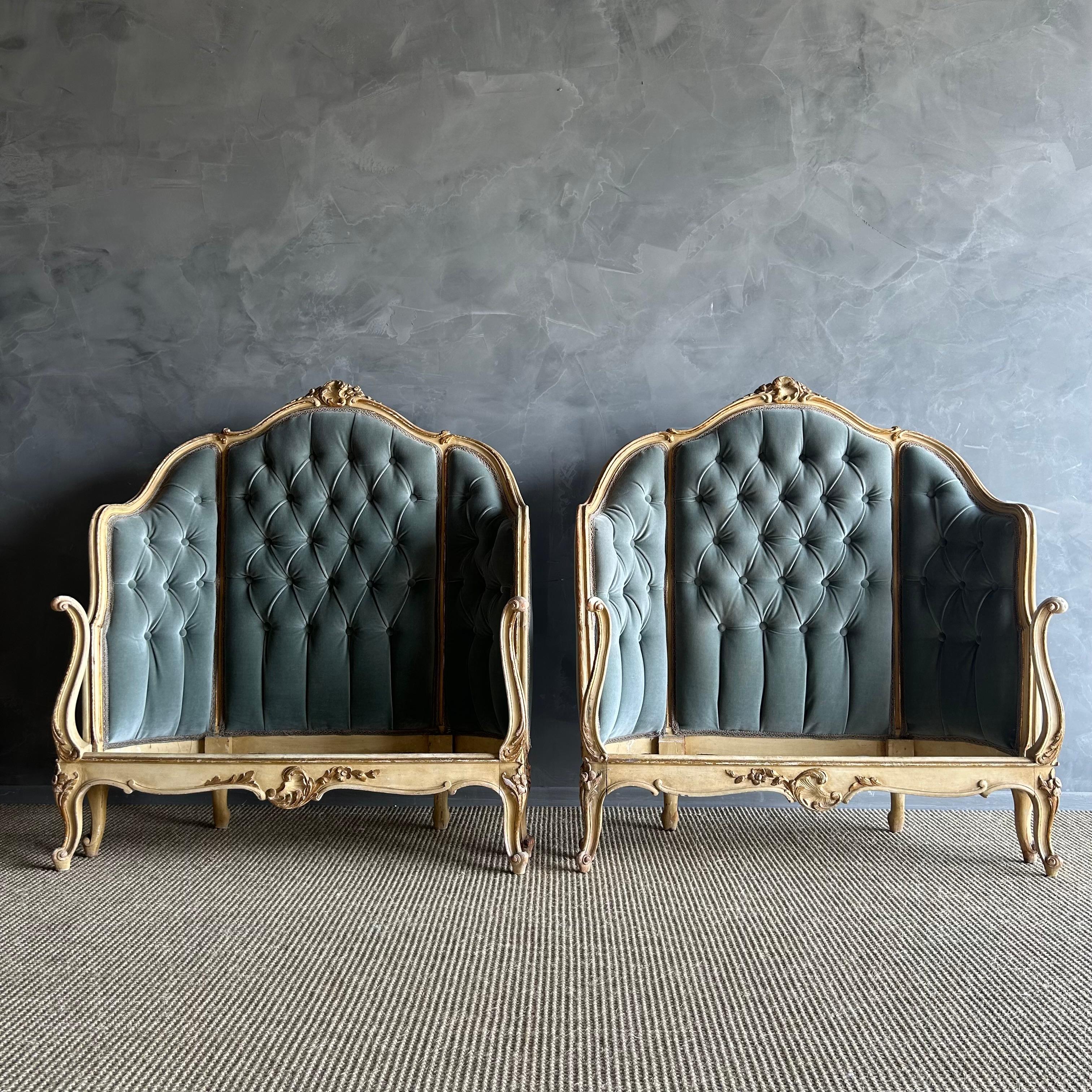 French Style Louis XV Twin Beds Set of 2
Blue gray velvet upholstery, painted in a cream color with gold gilt finishes.
Painted finish has weathering and patina, overall the bed frames are solid and sturdy, great for everyday use.
Size overall 41