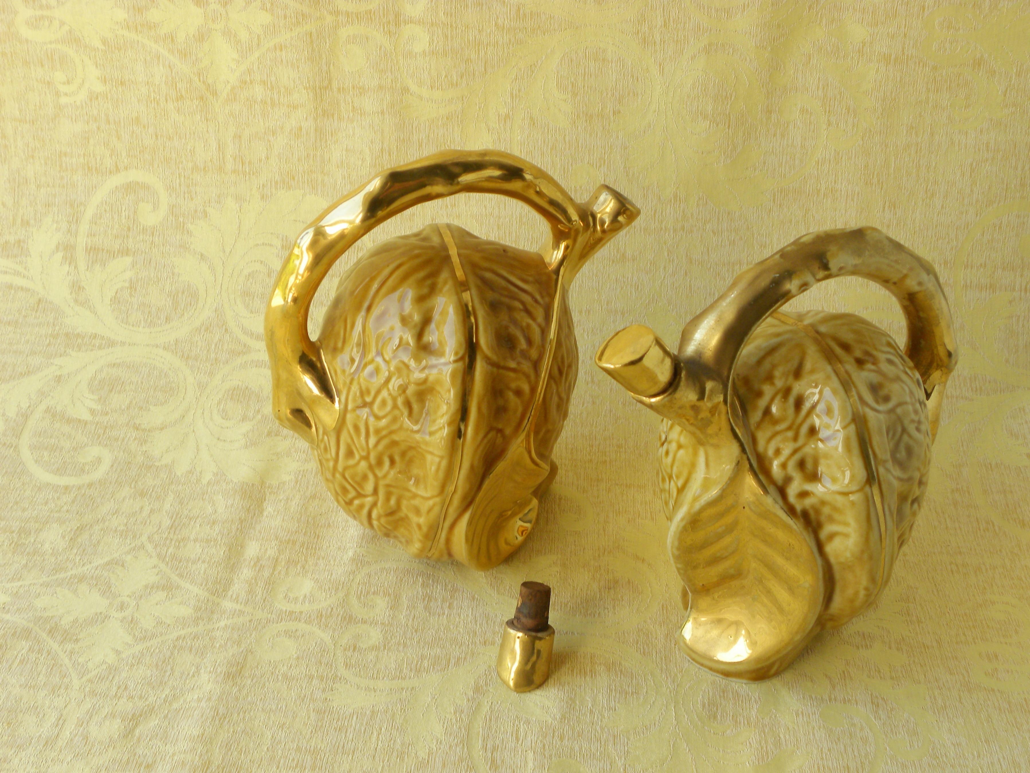 Stoneware Set of 2 French Vintage golden Chestnuts Liqueur bottles - 60s  For Sale