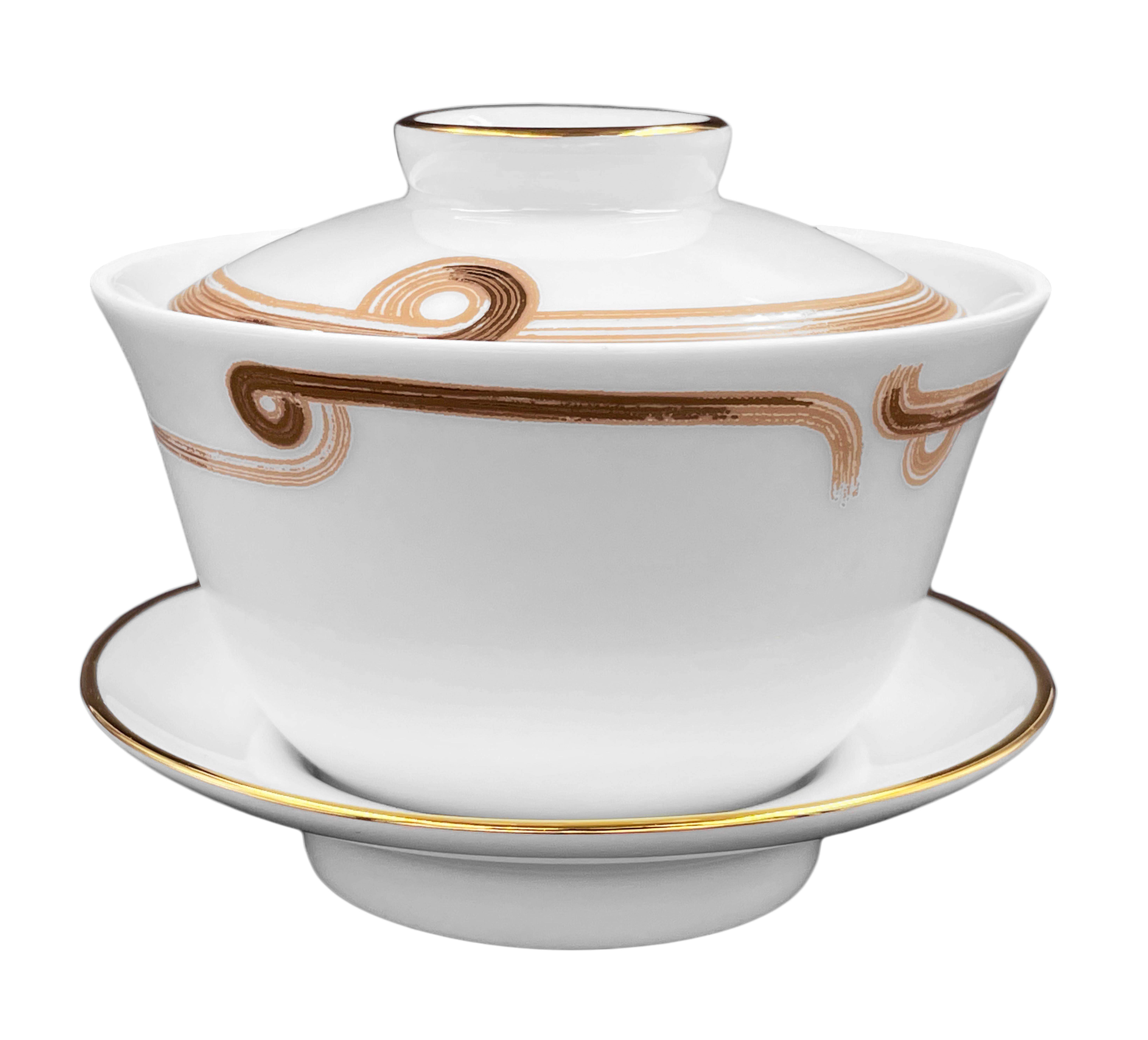 Description: Chinese tea set gaiwan (2 pieces)
Color: Beige gold
Size: 11 Ø x 10 H cm, 225 ml
Material: Porcelain and gold
Collection: Art Déco Garden

Larger quantities available upon request, with 8 weeks production time.