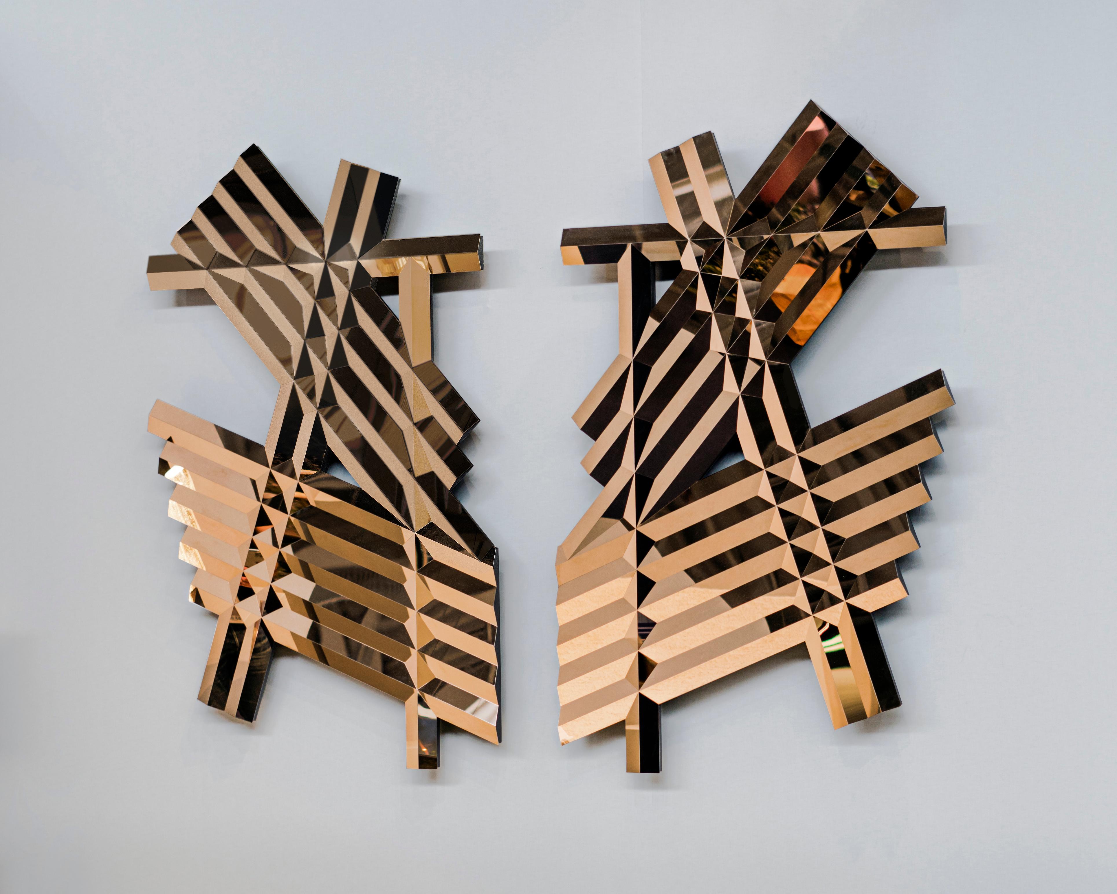 Set of 2 Galactica A Mirror Sculpture by SB26
Dimensions: W 120 x D 10 x H 82 cm
Materials: Stainless Steel, Copper finishing.

Galactica is a visual vocabulary, inspired by both retro-futurism and architecture, developed by Samuel. Wall sculptures