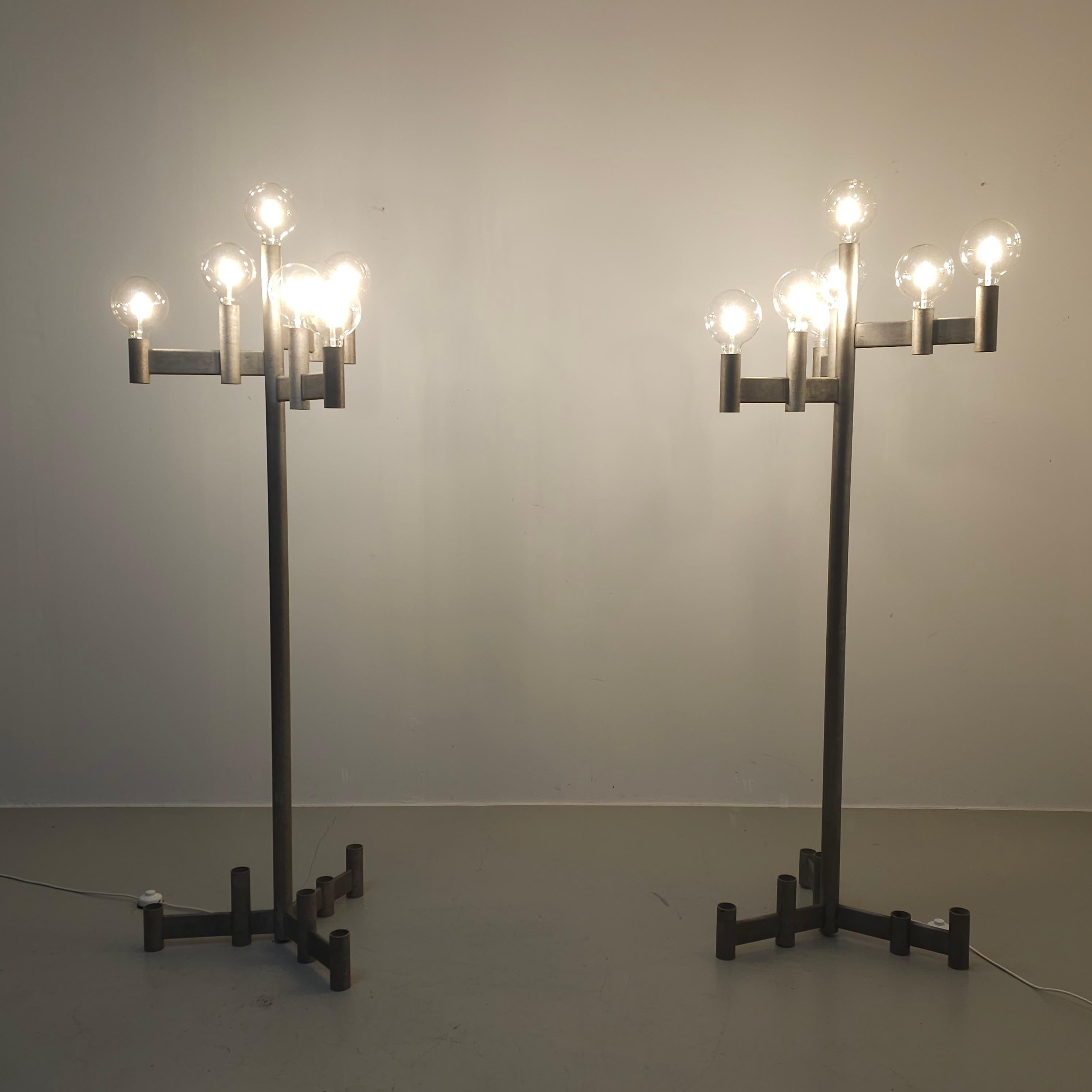 German Set of 2 galvanized Brutalist floor lamps For Sale