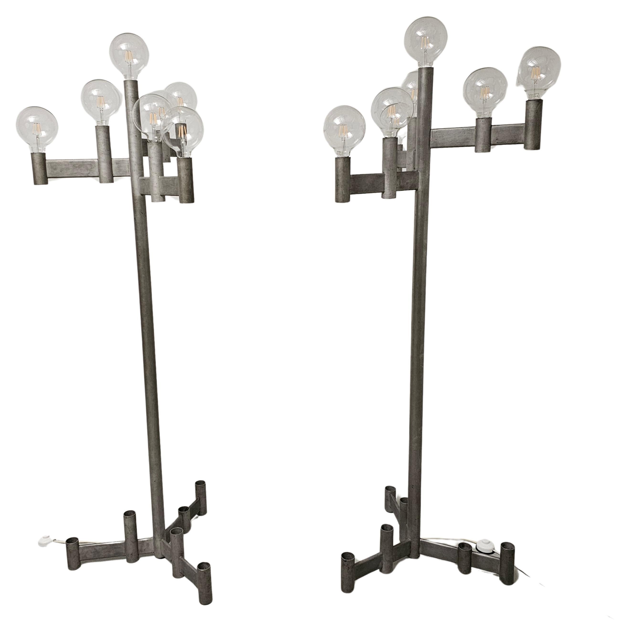 Set of 2 galvanized Brutalist floor lamps