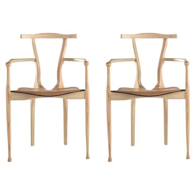 Ensemble de 2 chaises de salle à manger modèle Gaulino par Oscar Tusquets en frêne naturel, cuir 