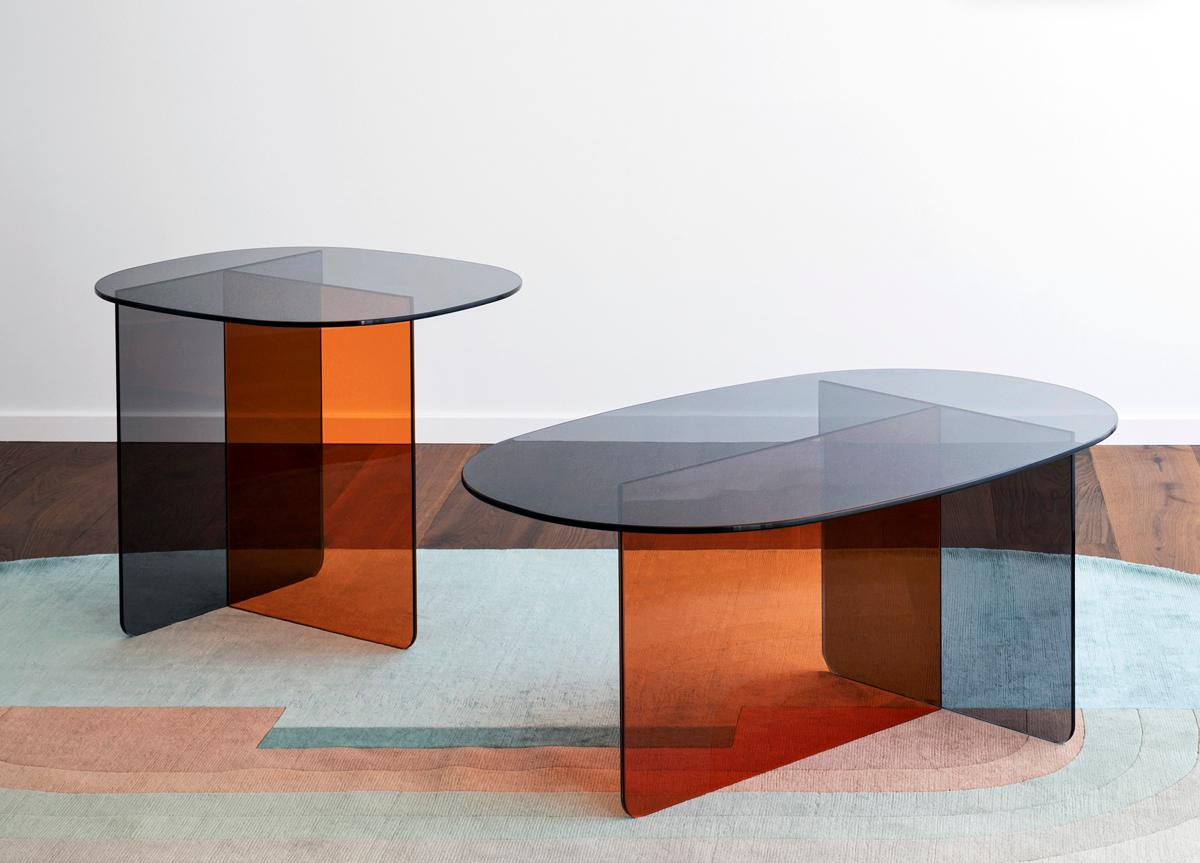 Contemporary coffee and side table set realized in grey and orange stained glass. 
Low Table Size:
Height: 15.75 in. (40 cm)
Width: 35.44 in. (90 cm)
Depth: 22.64 in. (57.5 cm)
High Table Size:
Height: 19.69 in. (50 cm)
Width: 23.63 in. (60