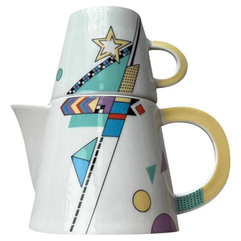 Set di 2 teiere o caffettiere postmoderne tedesche con tazza di Seltmann Weiden
