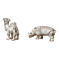 Juego de 2 figuras de camello y rinoceronte de la cerámica alemana Studio Pottery de Hamelner Töpferei