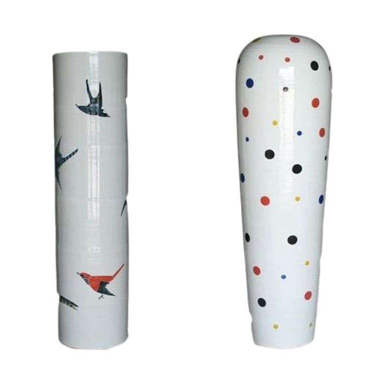 Juego de 2 jarrones gigantes con lunares y pájaros de WL Ceramics