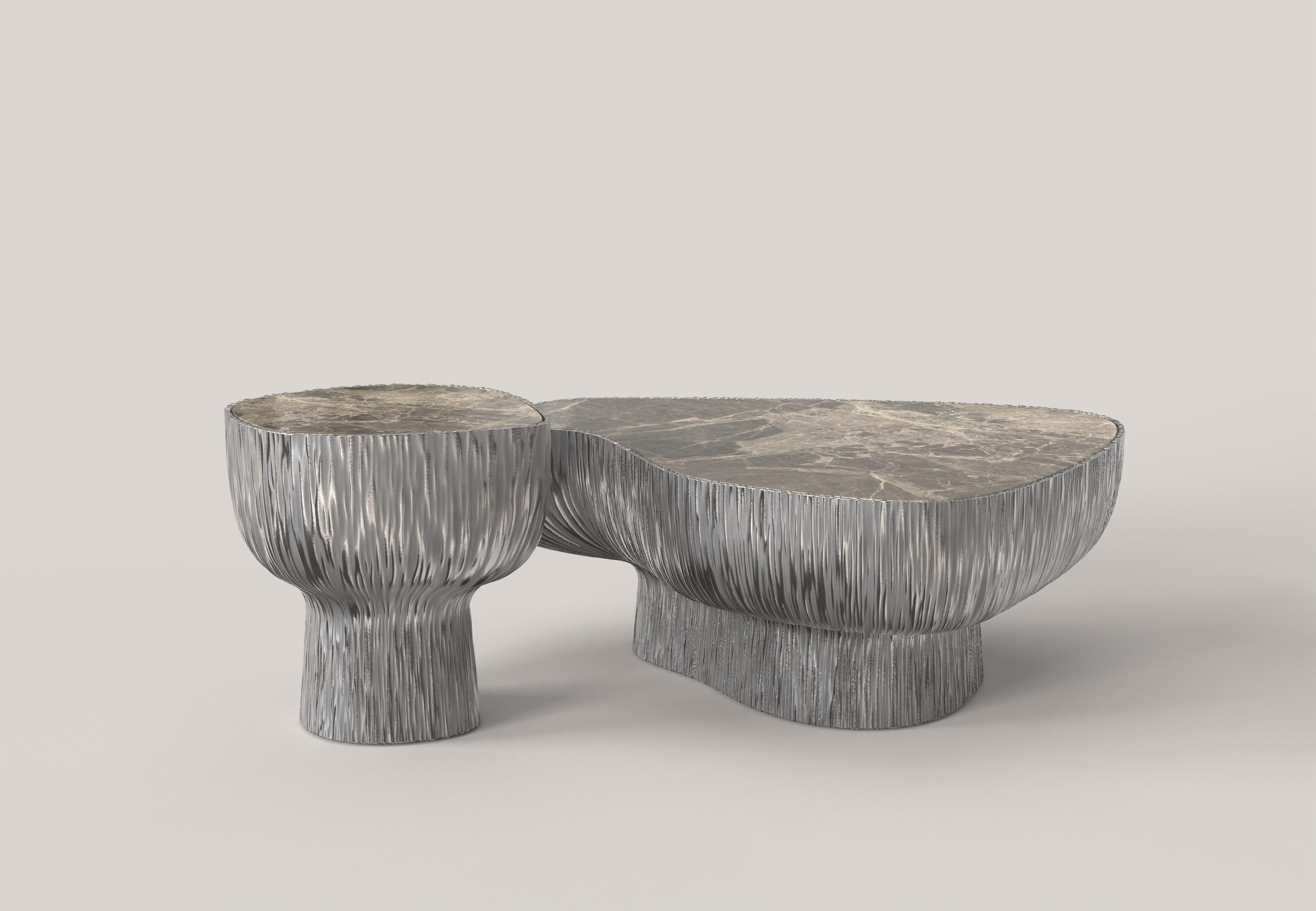 Set of 2 Giava V1 and V2 Low Table by Edizione Limitata
Limited Edition of 15+3. Signed and numbered.
Dimensions: 
V1: D 39.5 x W 40 x H 43 cm
V2: D 75 x W 89 x H 76 cm
Materials: Aluminium, Breccia Paradiso Marble.

Edizione Limitata, that is to