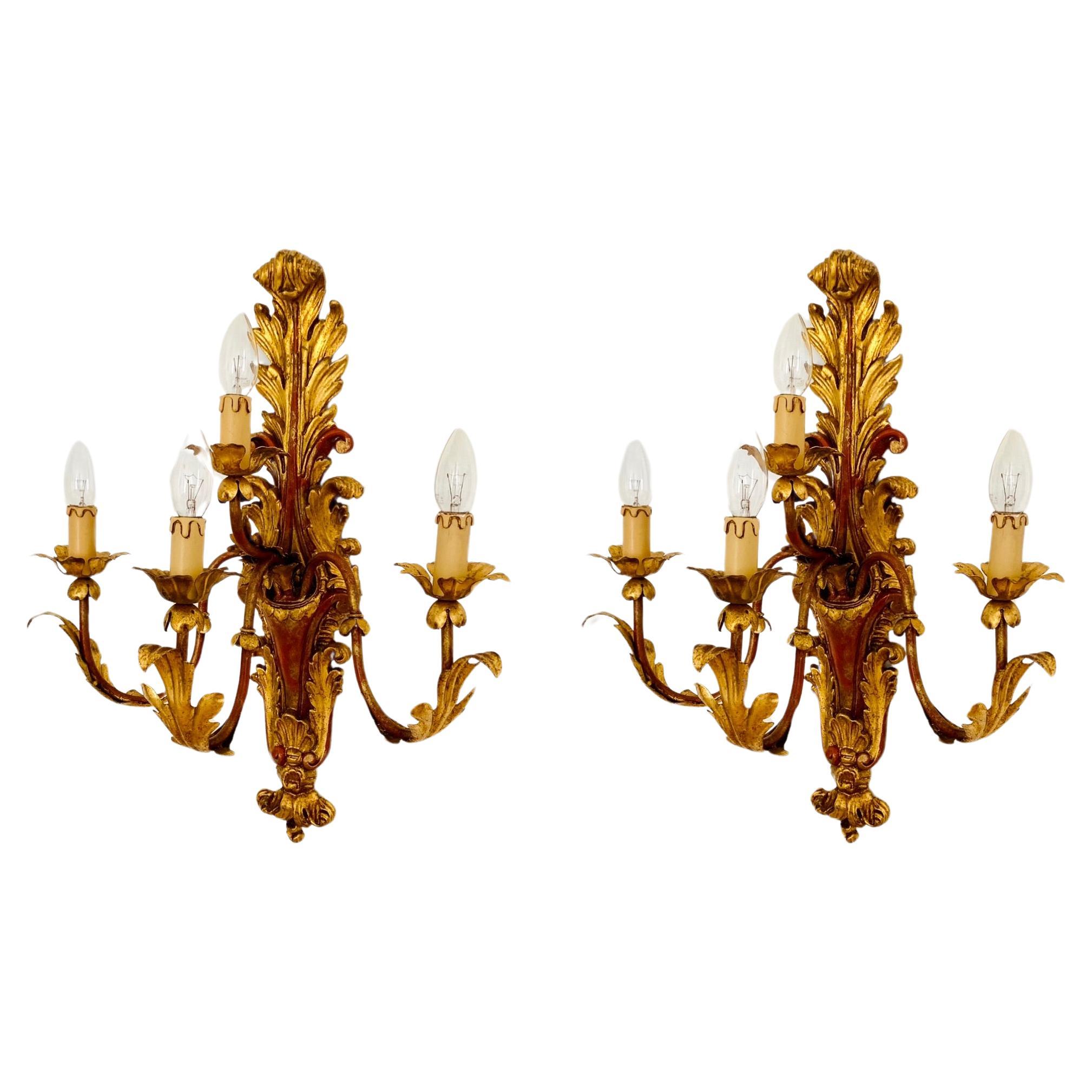Set of 2 Gilded Italian Hollywood Regency Wall Lamps For Sale