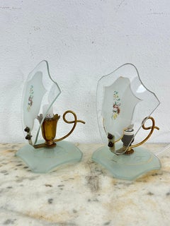 Set Of 2 Glass And Brass Bedside Lamps, In The Style Of Pietro Chiesa, 1950s