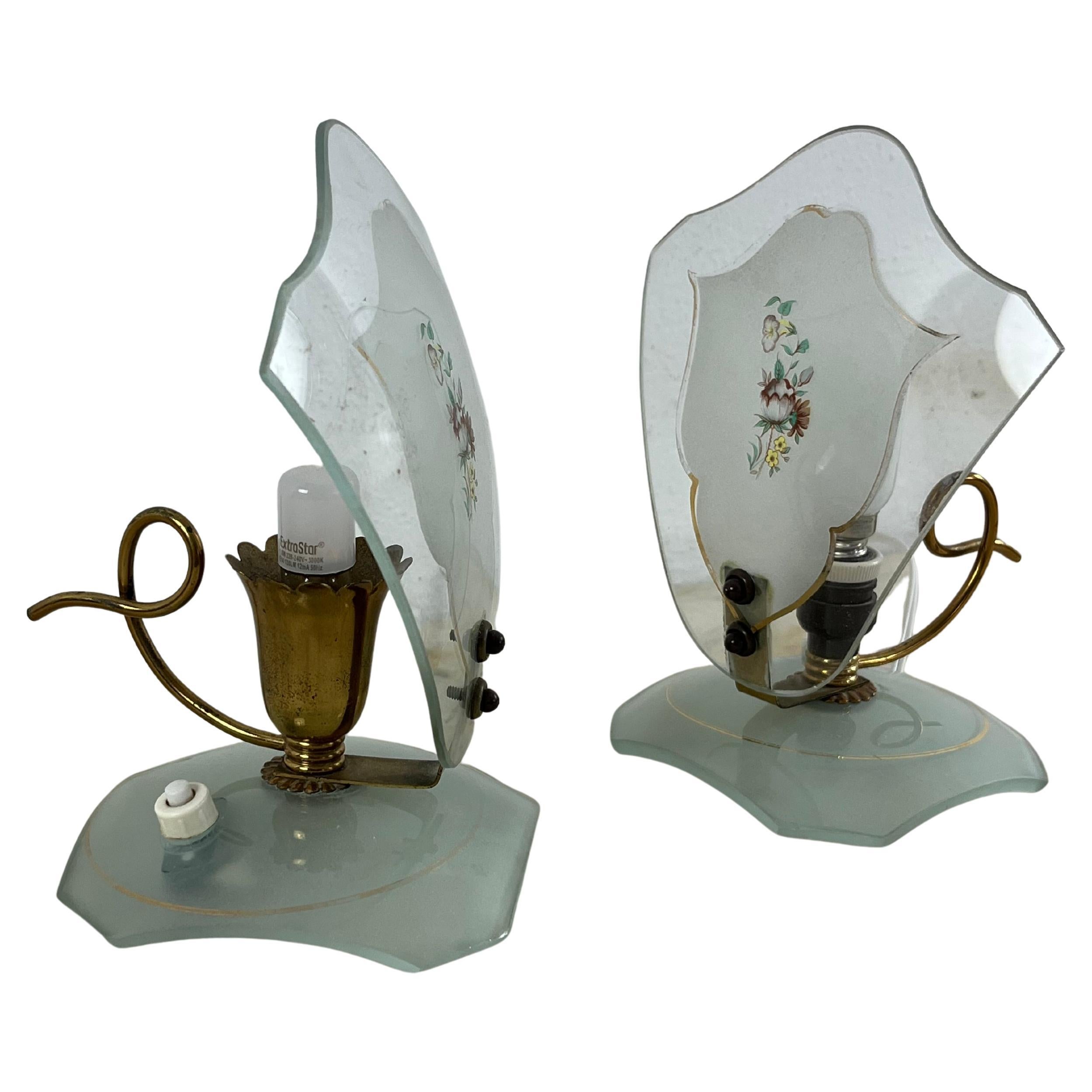 Ensemble de 2 lampes de chevet en verre et laiton, dans le style de Pietro Chiesa, années 1950