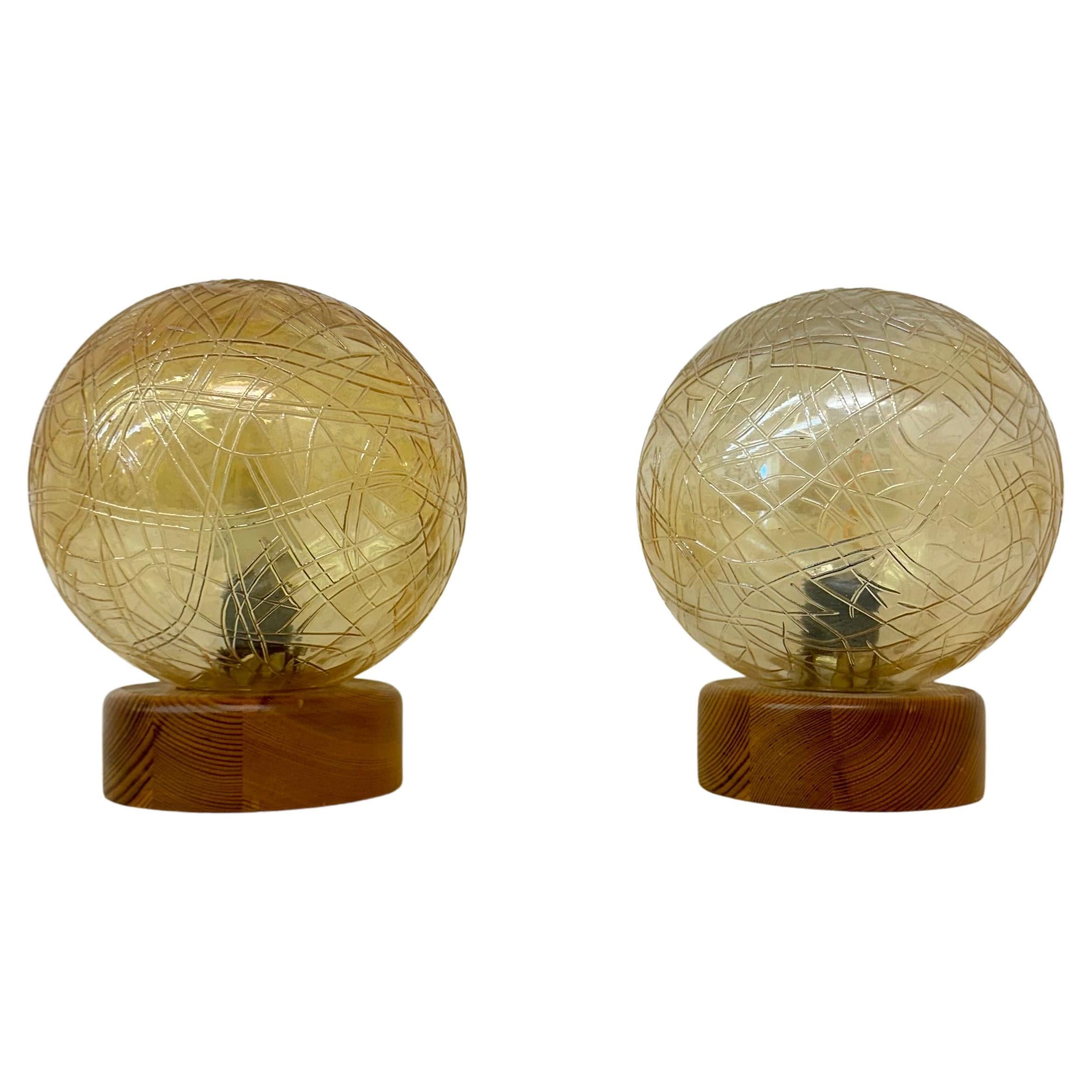 Set of 2 glass and wood table lamps , 1980s