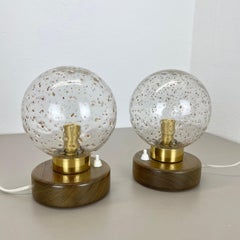 set of 2 glass ball and oak Wooden Table Lights by Temde Lights, Germany 1970s