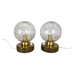 set of 2 glass ball and oak Wooden Table Lights by Temde Lights, Germany 1970s