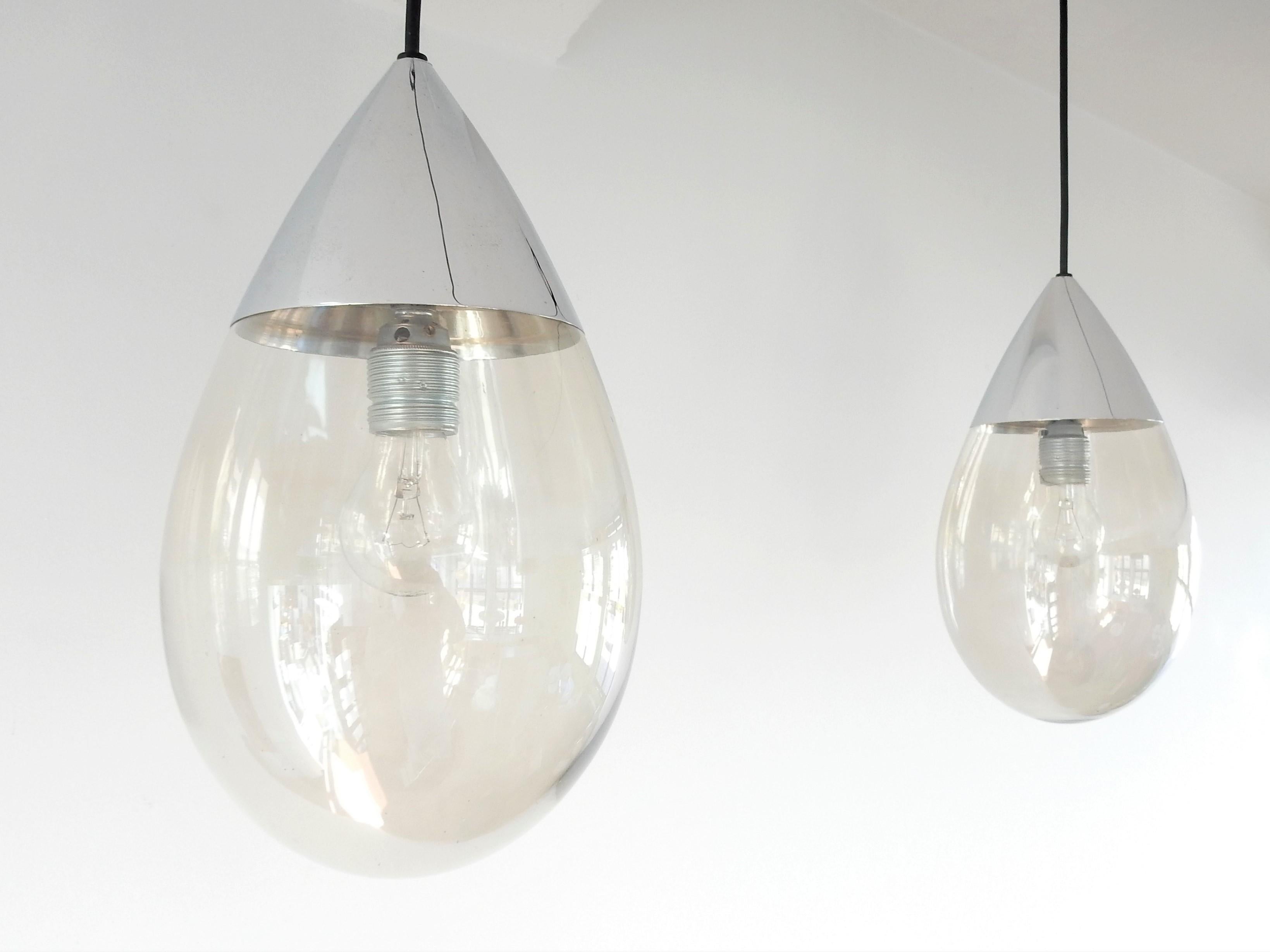 Metal Set of 2 Glass Drop Pendant Lamps for Limburg, Germany, 1970s For Sale