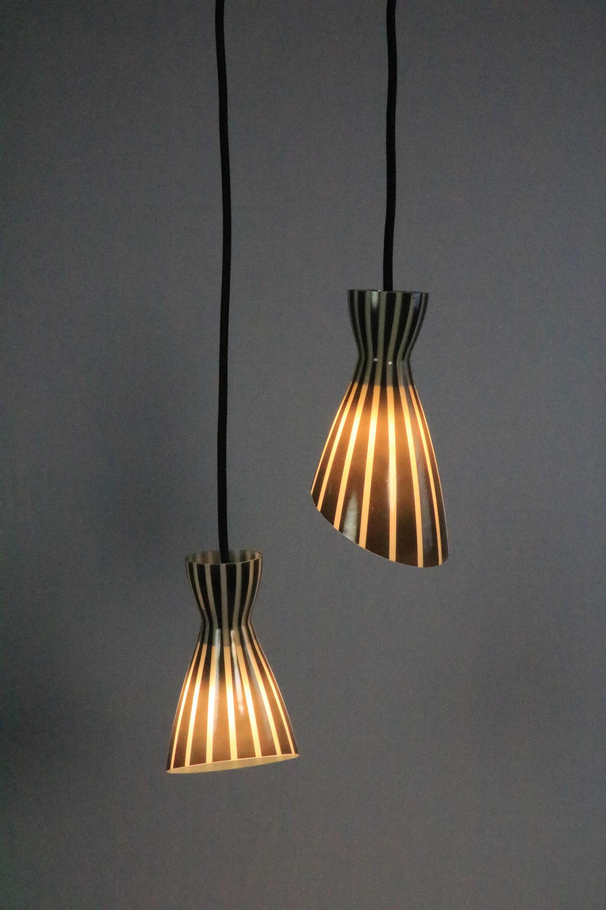 Set of 2 Glass Hanging Lamps, Black and White Striped, Original 1950s For Sale 5