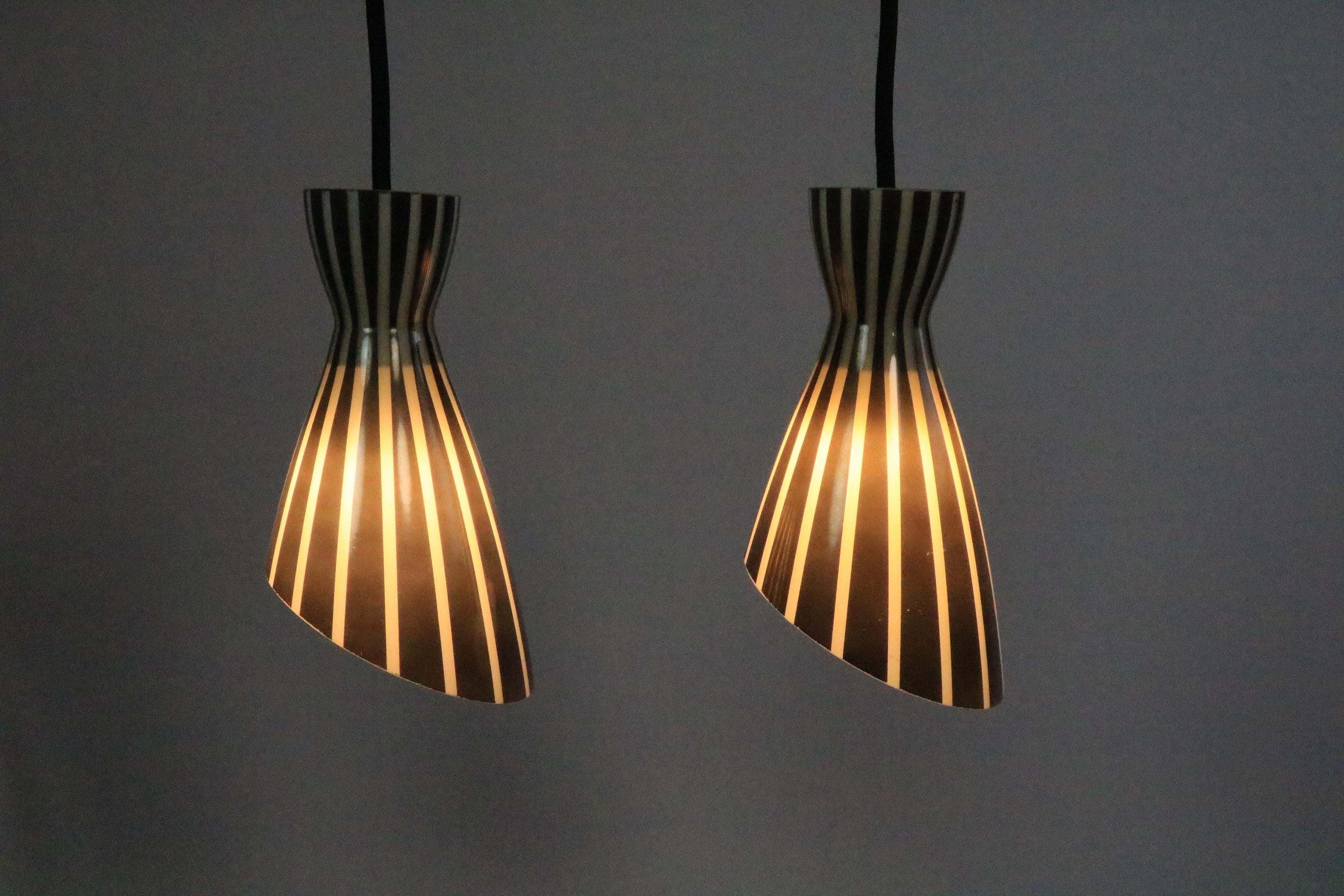 Set of 2 Glass Hanging Lamps, Black and White Striped, Original 1950s For Sale 6