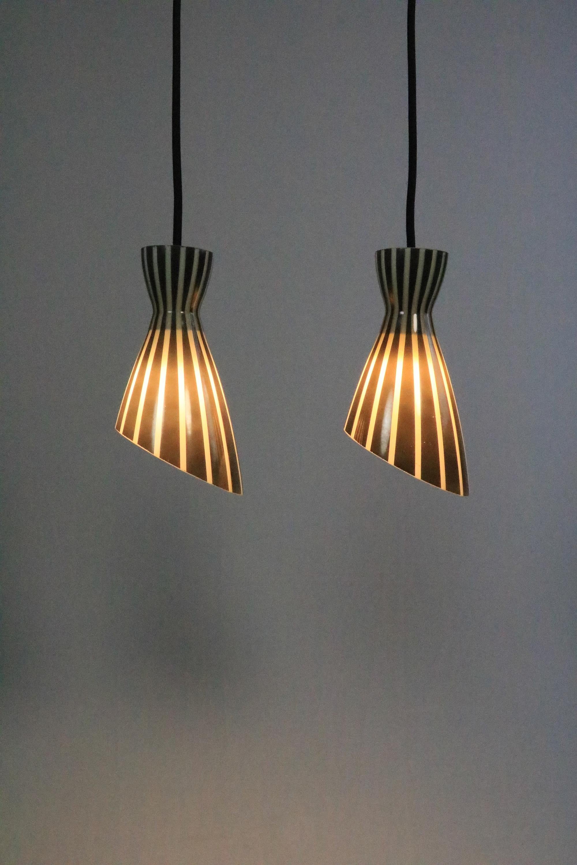 Set of 2 Glass Hanging Lamps, Black and White Striped, Original 1950s For Sale 7