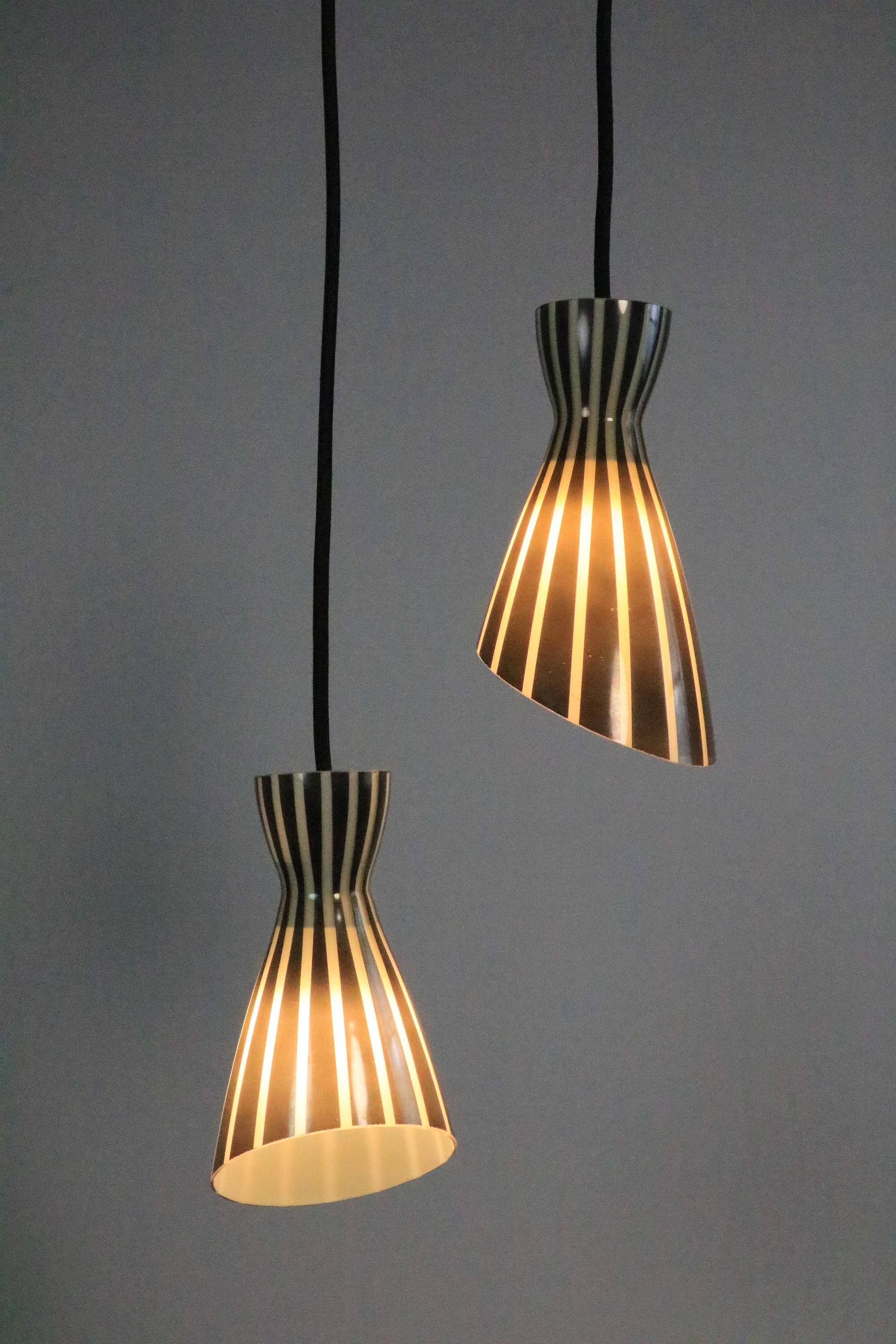 Set of 2 Glass Hanging Lamps, Black and White Striped, Original 1950s For Sale 10