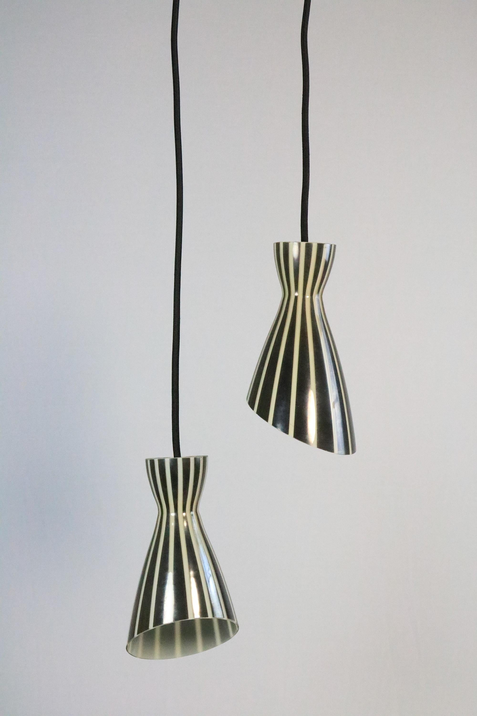 Mid-Century Modern Set of 2 Glass Hanging Lamps, Black and White Striped, Original 1950s For Sale
