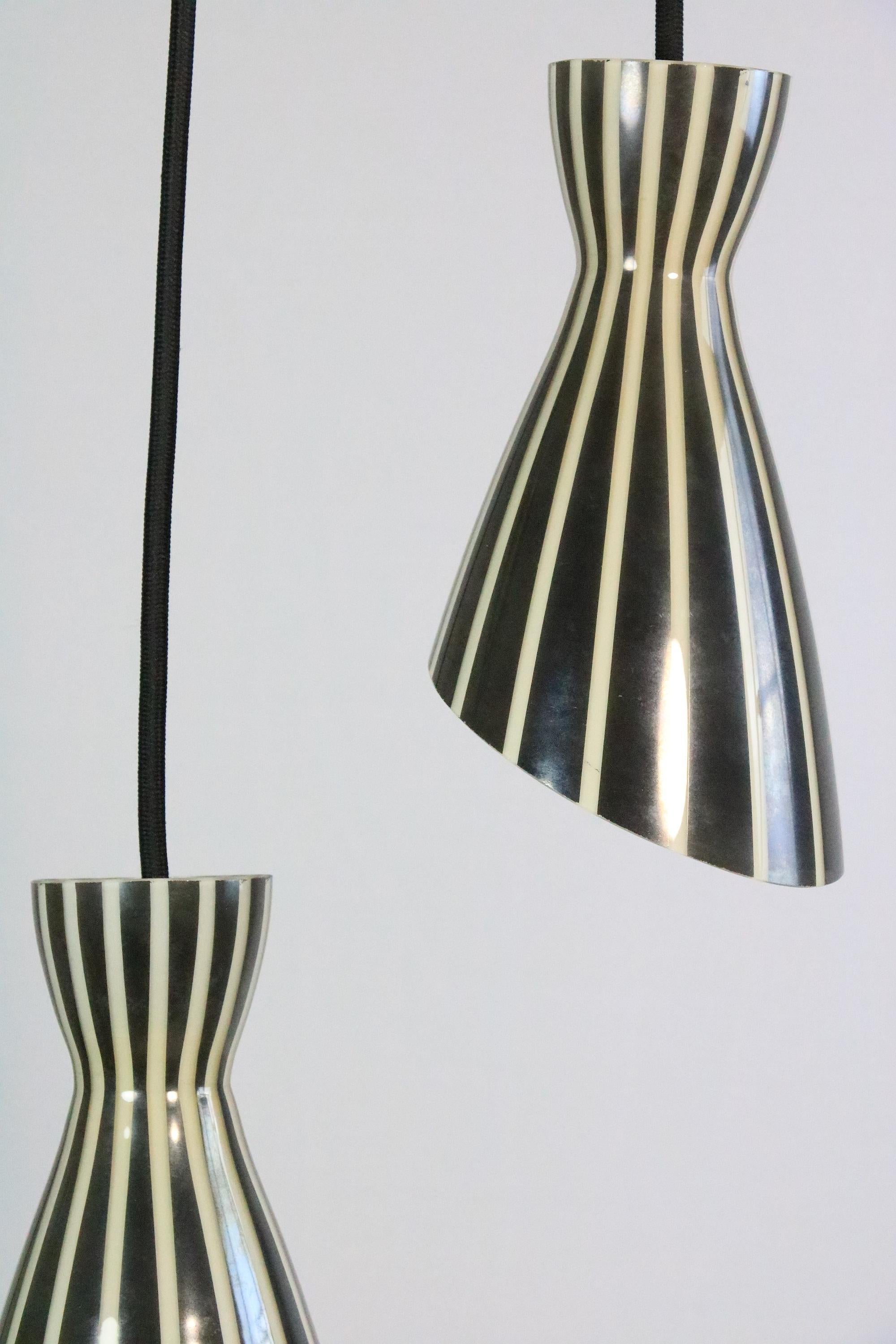 German Set of 2 Glass Hanging Lamps, Black and White Striped, Original 1950s For Sale