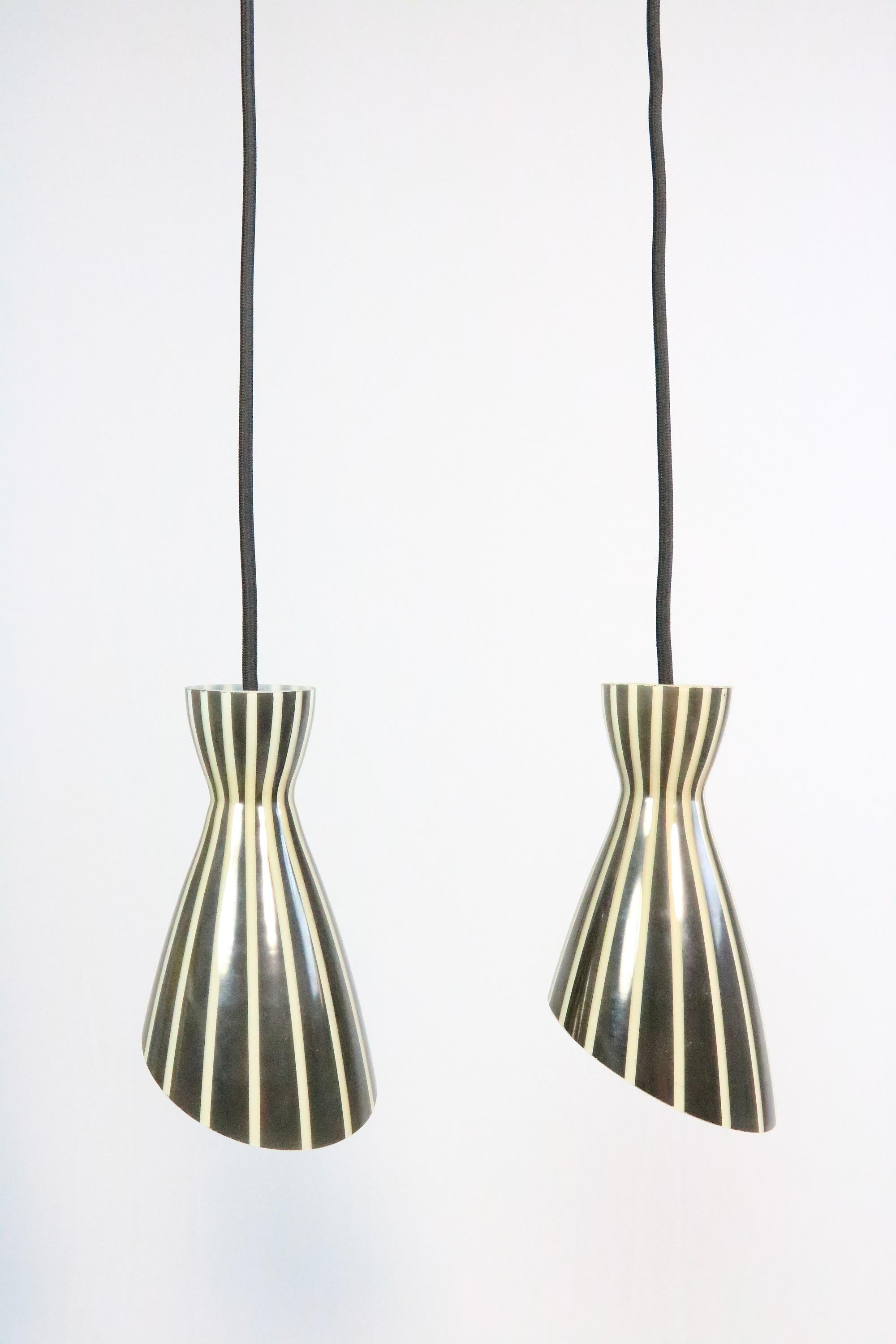 20th Century Set of 2 Glass Hanging Lamps, Black and White Striped, Original 1950s For Sale