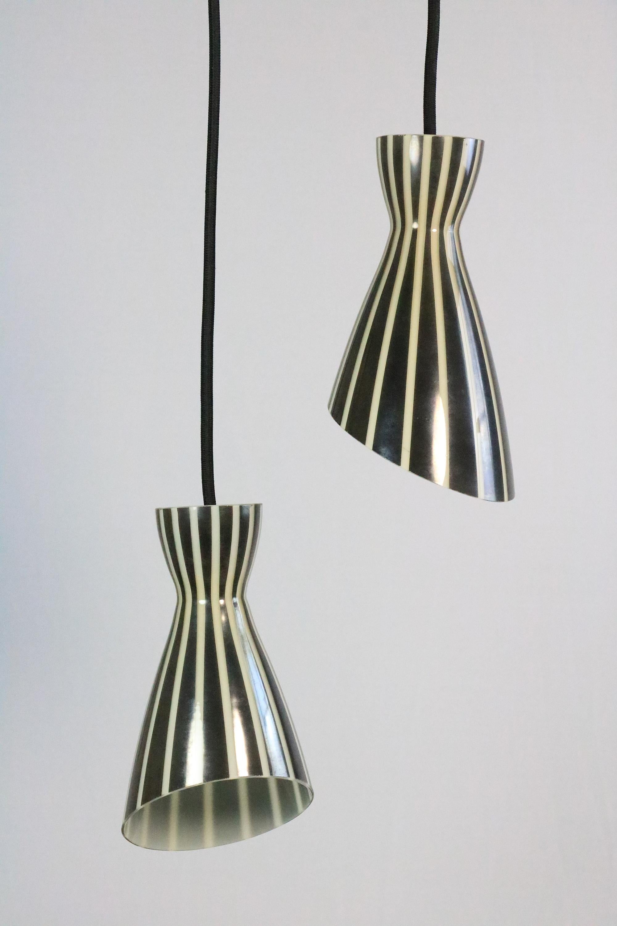 Set of 2 Glass Hanging Lamps, Black and White Striped, Original 1950s For Sale 1