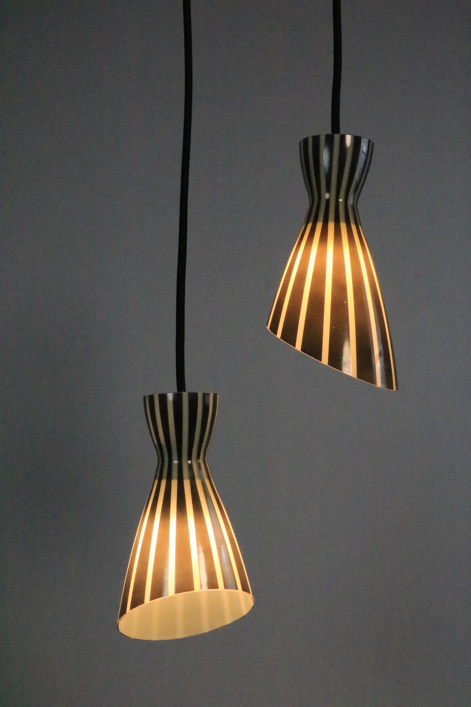 Set of 2 Glass Hanging Lamps, Black and White Striped, Original 1950s For Sale 2