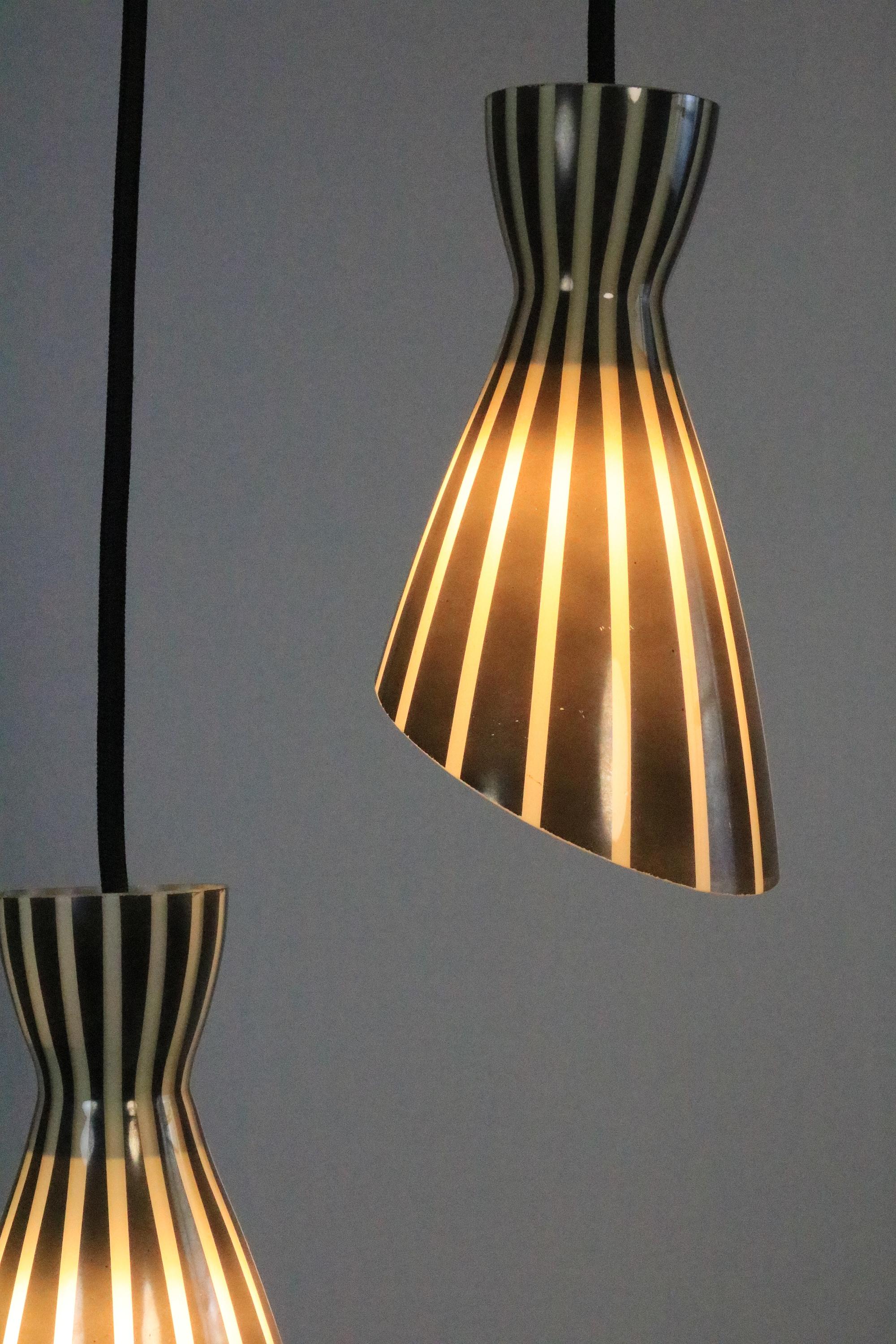 Set of 2 Glass Hanging Lamps, Black and White Striped, Original 1950s For Sale 3