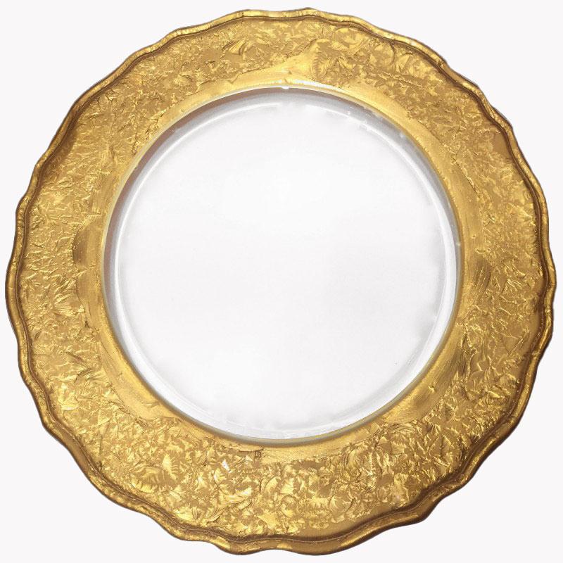 Exquisite set of two presentation plates made from solid glass and with a large golden rim with wonderful engraved abstract modern adornments. Ideal as presentation plates of also as round dishes, this set reflects the timeless excellence of Italian